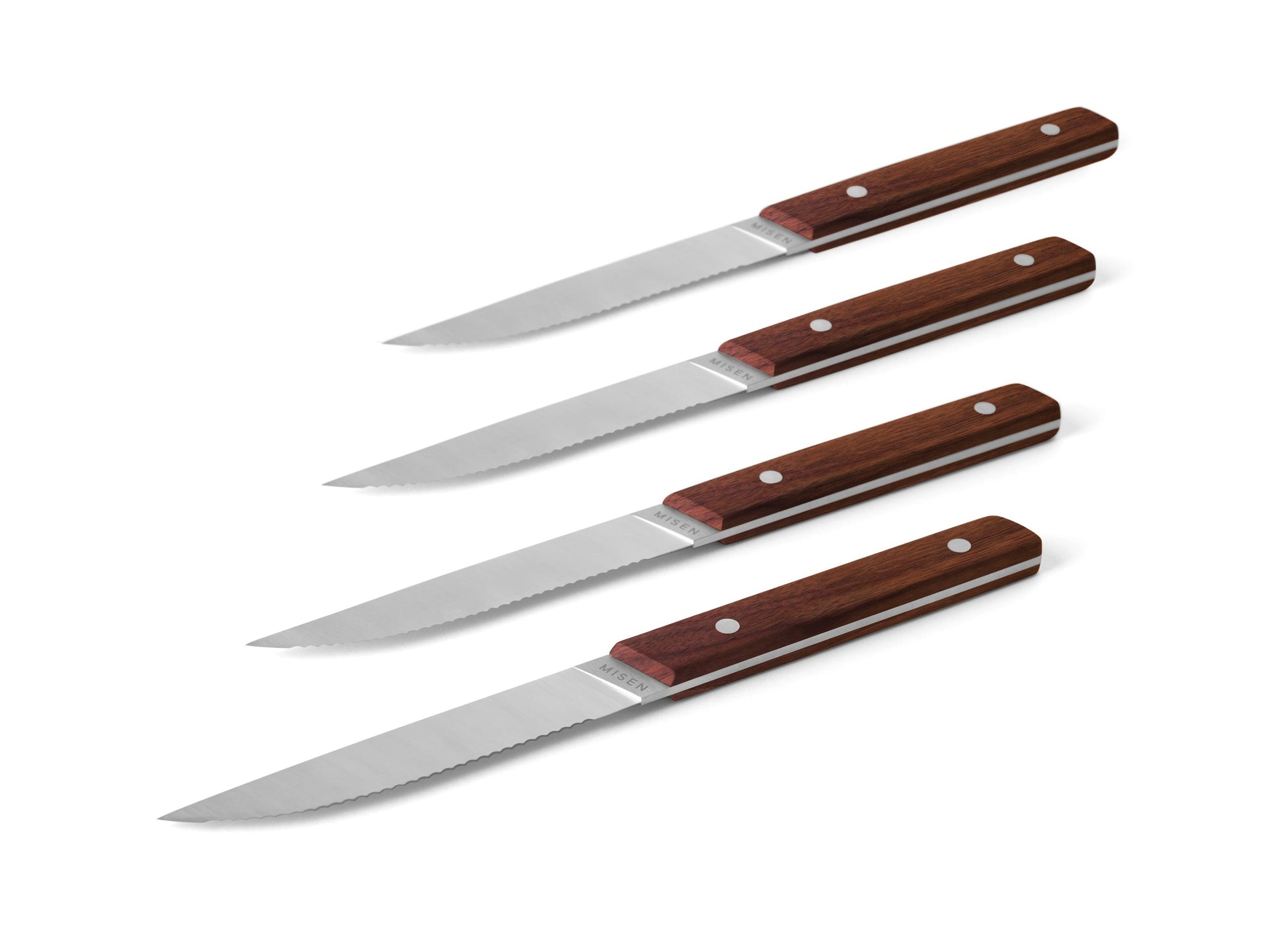 {{4pc-walnut}} Blade tip and spine of 4-Piece Misen Steak Knives in walnut