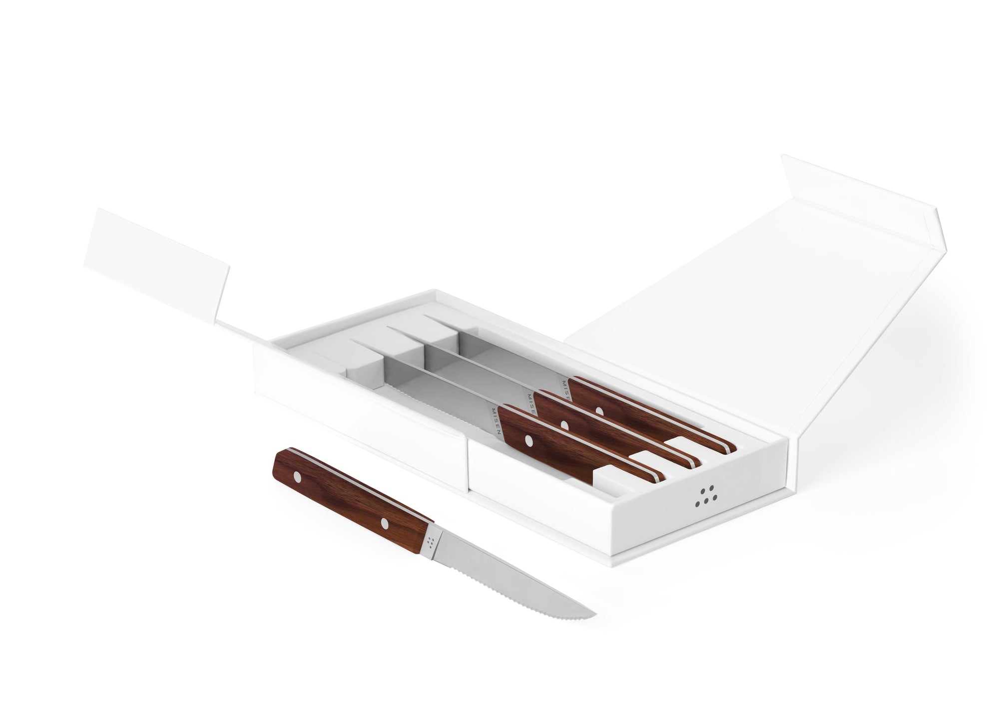 {{4pc-walnut}} 4-Piece walnut Misen Steak Knives in open box