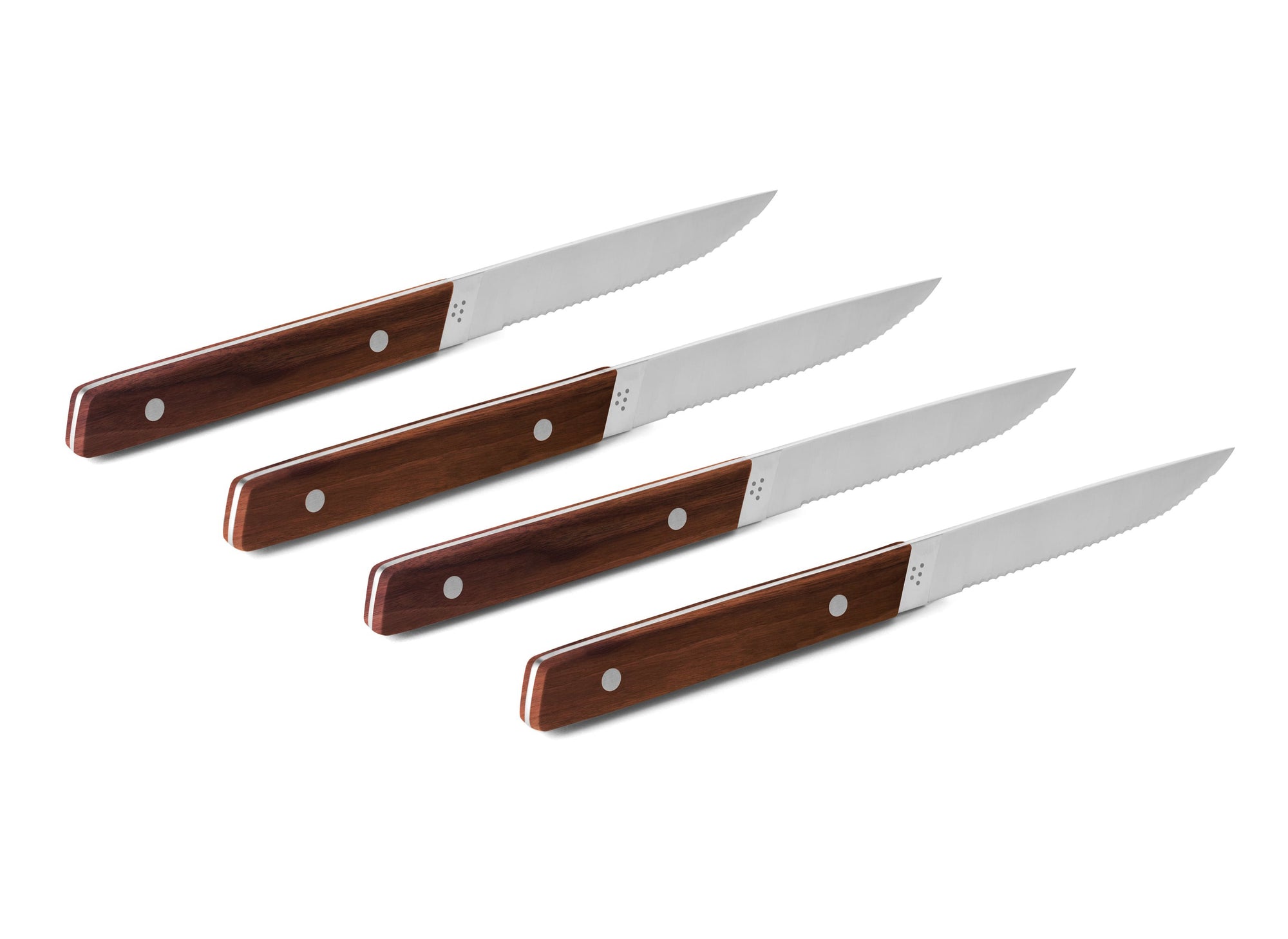 {{4pc-walnut}} The 4-Piece Misen Steak Knives in walnut are slim and comfortable to hold with a full tang handle.