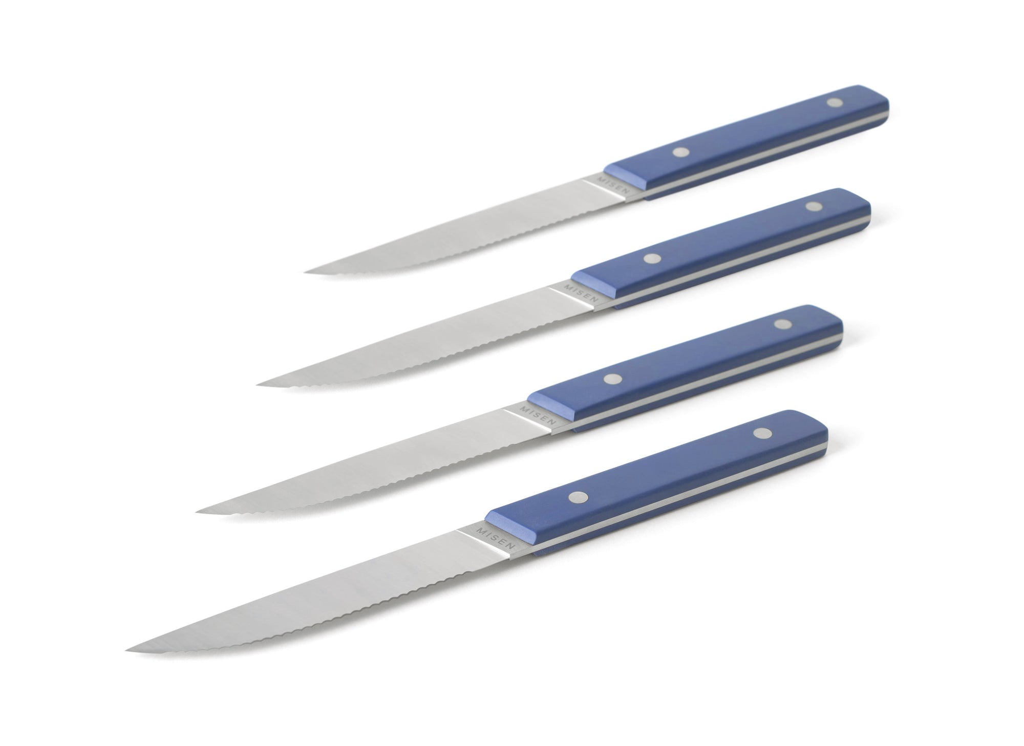 {{4pc-blue}} Blade tip and spine of 4-Piece Misen Steak Knives in blue