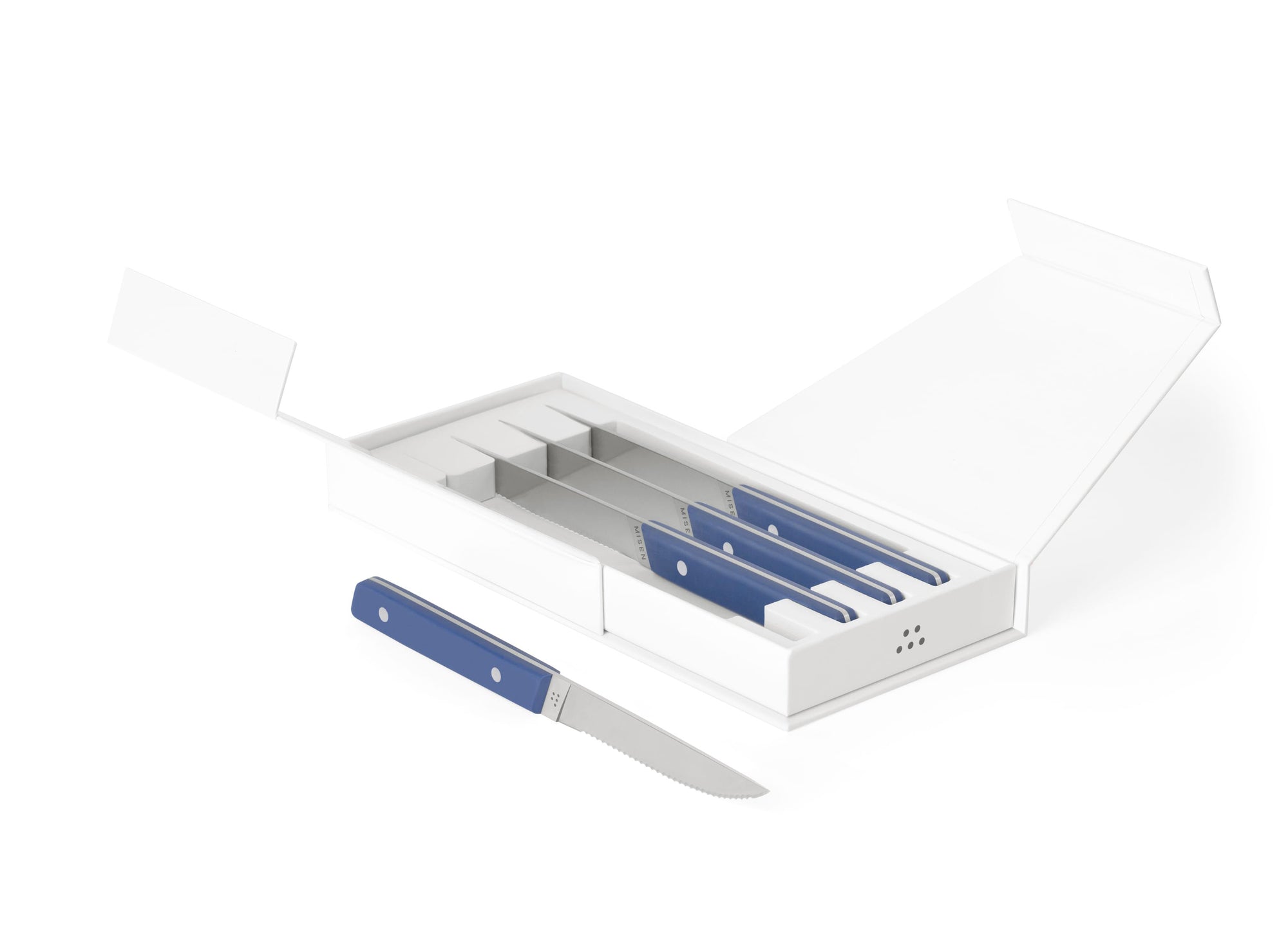 {{4pc-blue}} 4-Piece blue Misen Steak Knives in open box