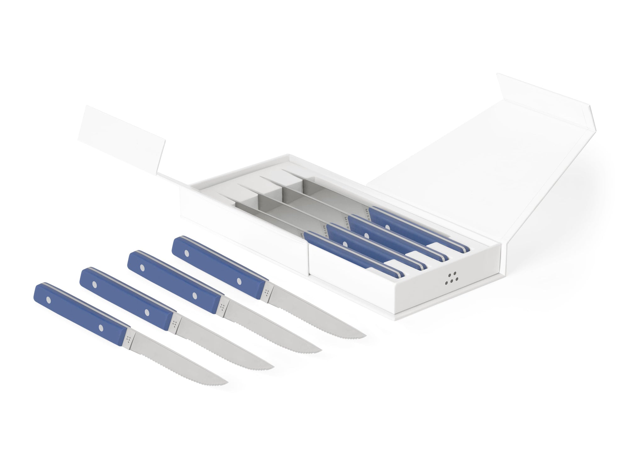 {{8pc-blue}} 8-Piece blue Misen Steak Knives in open box