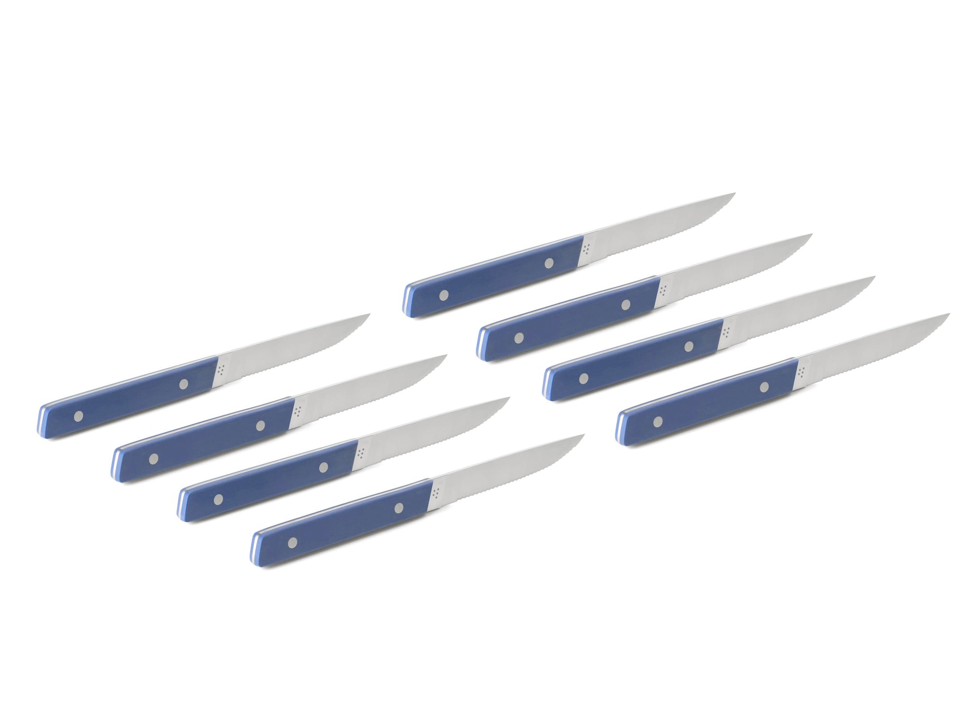 {{8pc-blue}} The 8-Piece Misen Steak Knives in blue are slim and comfortable to hold with a full tang handle.