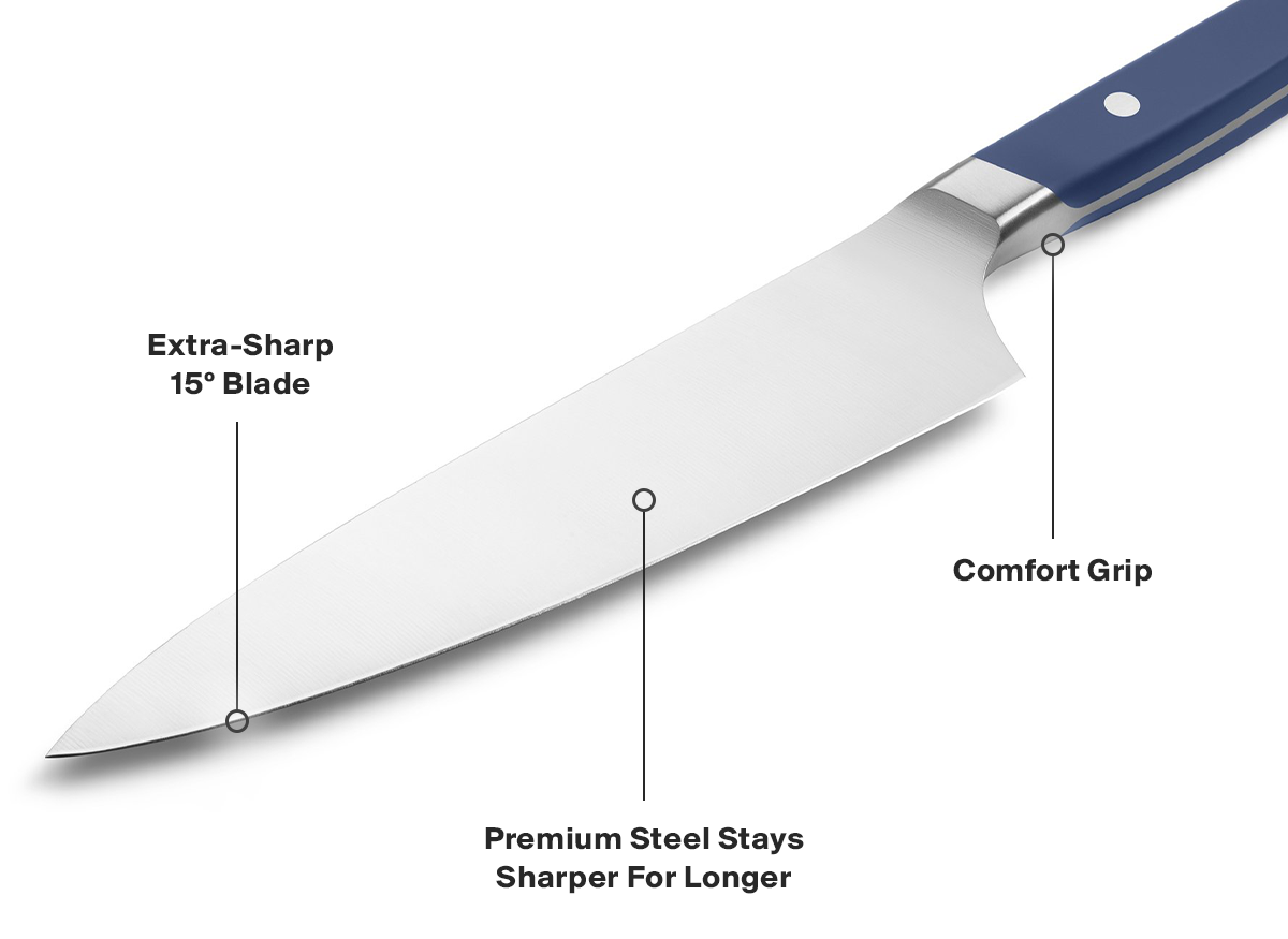 {{}} The Misen Chef's Knife features an extra sharp 15 degree blade, premium steel and a comfort grip.