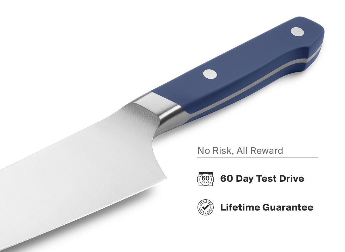 {{blue,black,gray,red}} The Misen Chef's Knife comes with a 60 day free trial and a lifetime warranty.