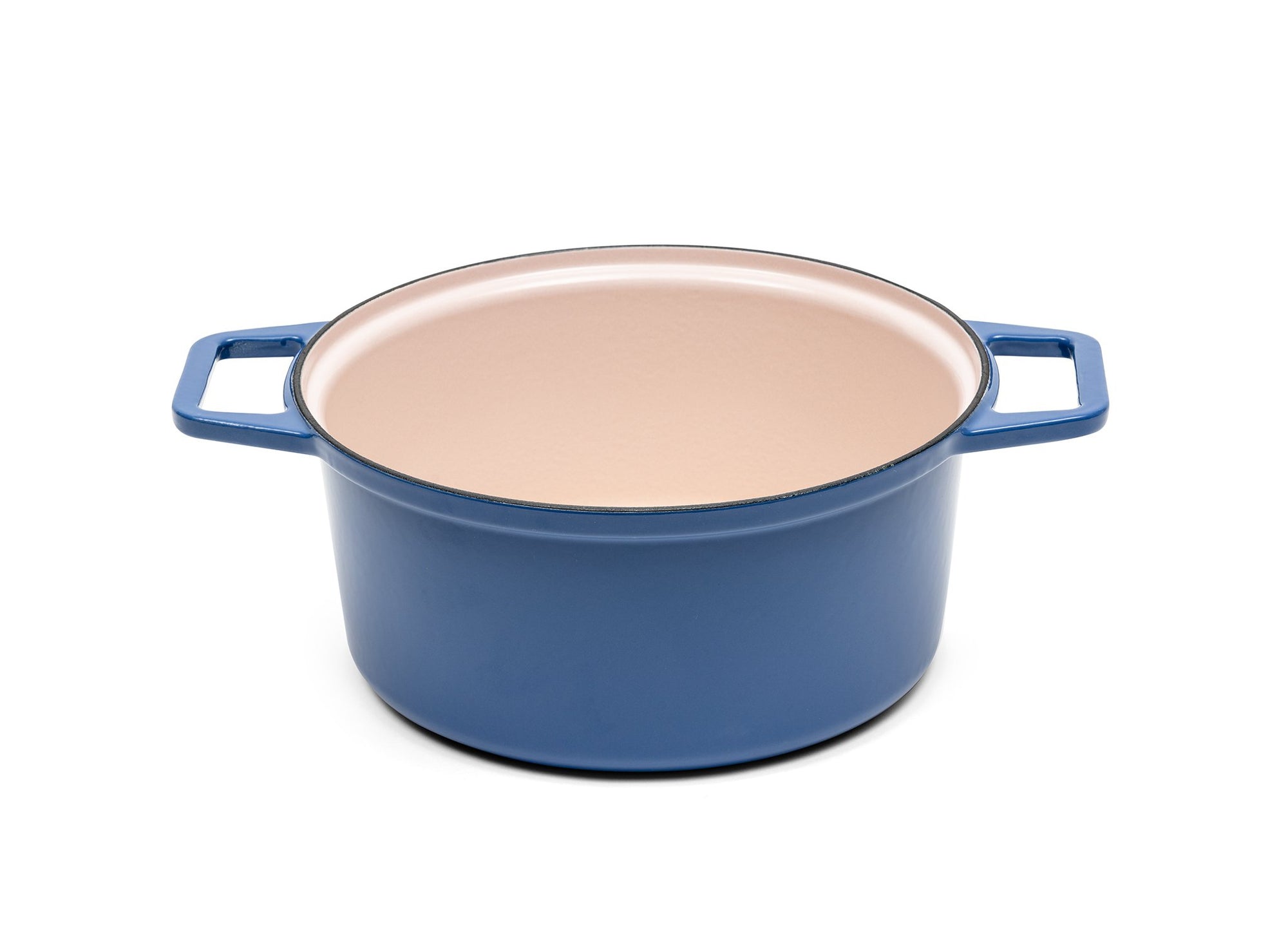 {{7-qt-traditional-blue, 7-qt-grill-blue}} A blue 7-quart Misen Dutch Oven with no lid, showing a light enamel interior.
