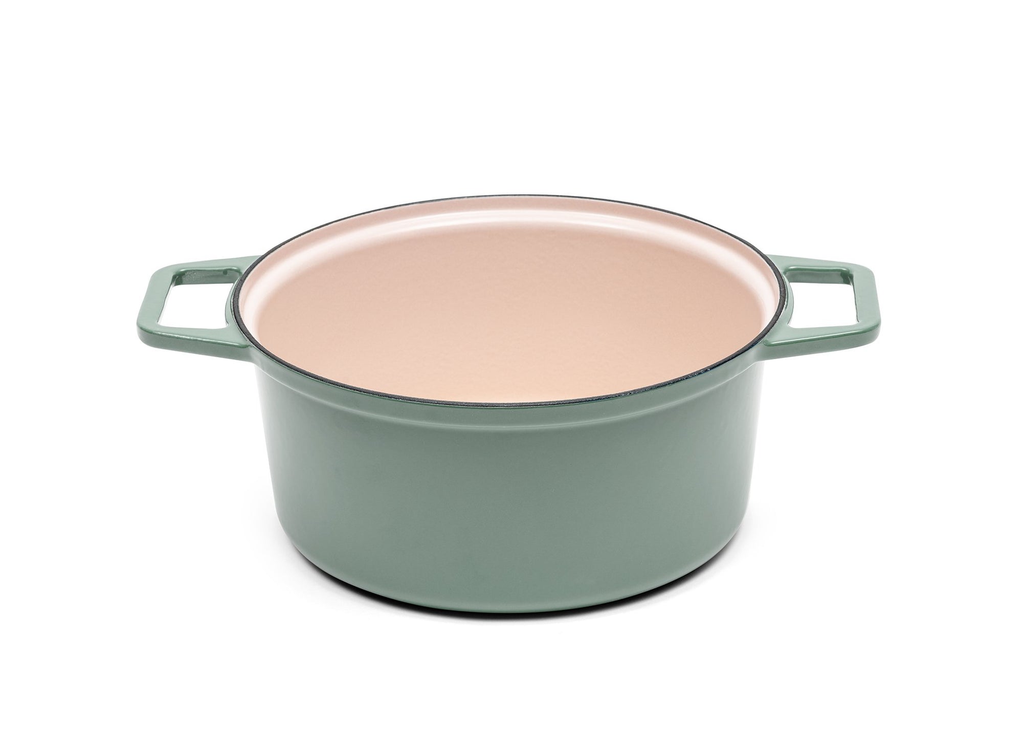 {{7-qt-traditional-green, 7-qt-grill-green}} A green 7-quart Misen Dutch Oven with no lid, showing a light enamel interior.