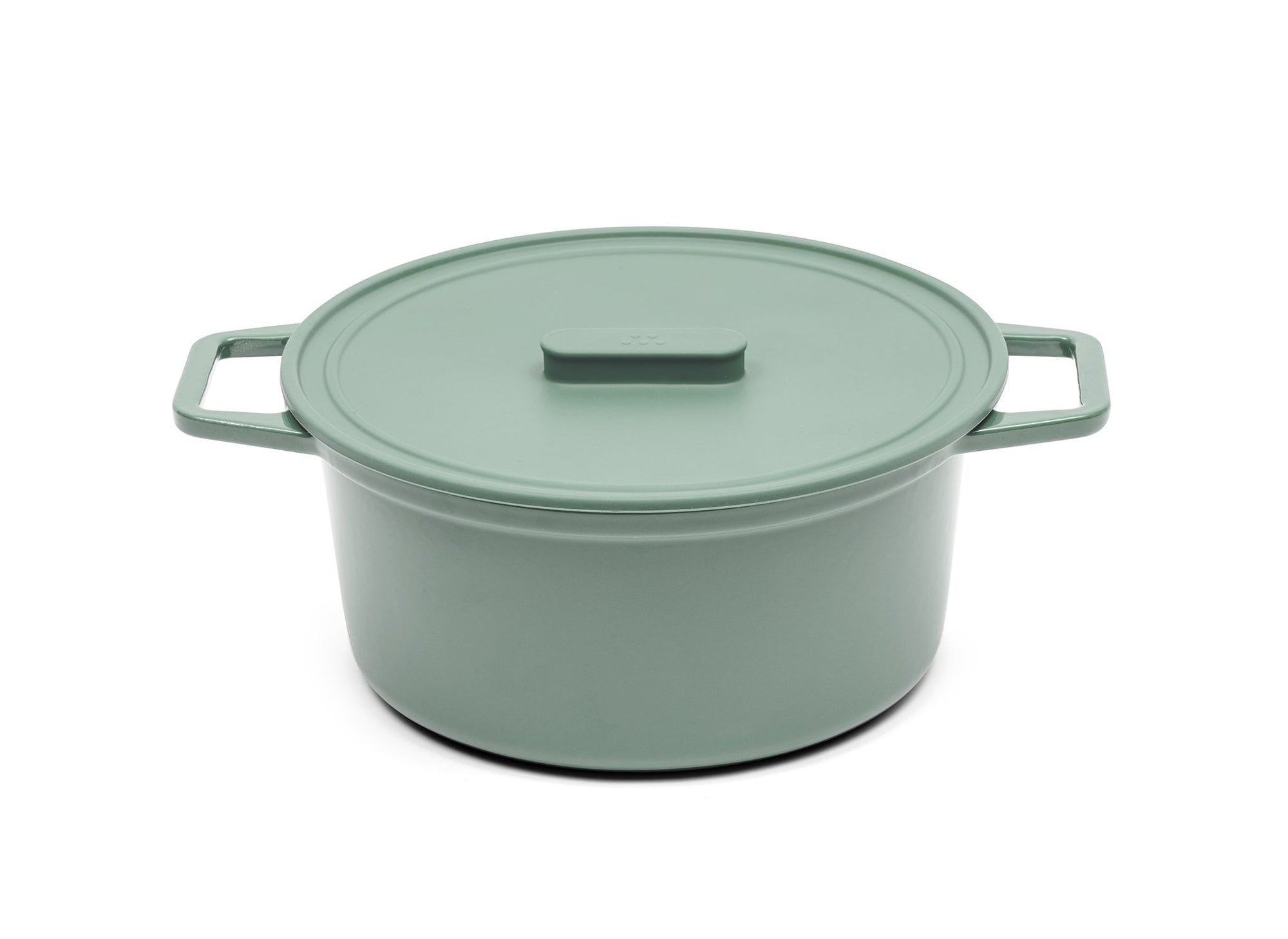 {{7-qt-grill-green}} A green 7-quart Misen Dutch Oven with matching silicone Universal Lid.
