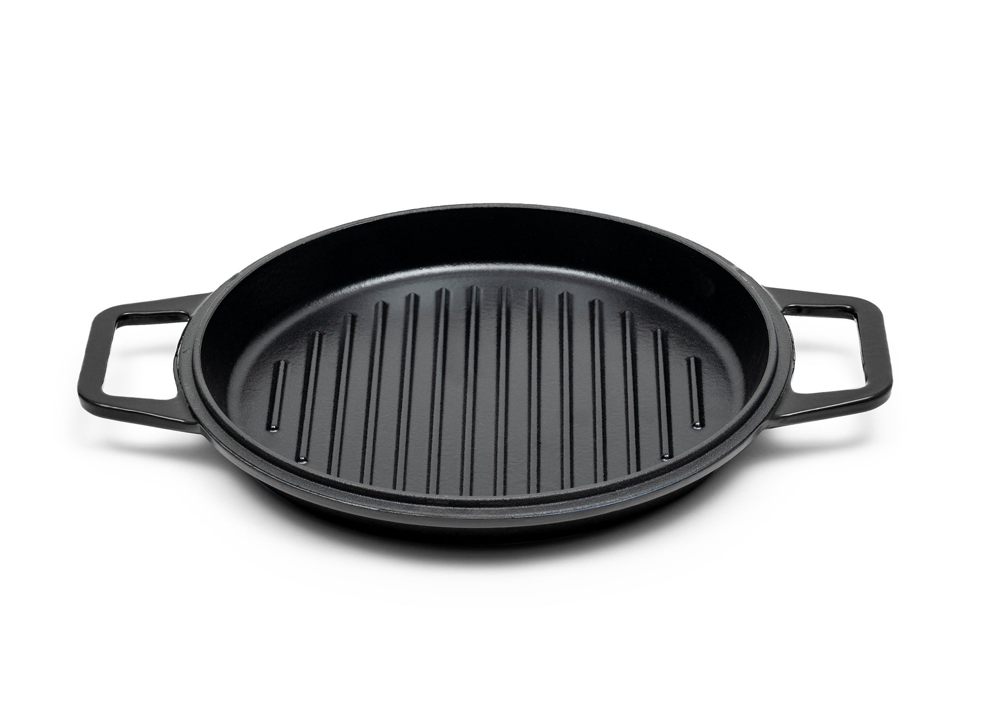 {{7-qt-grill-black}} Black Grill Lid for 7-quart Dutch oven face up on white background, showing black enamel interior with raised grill lines.