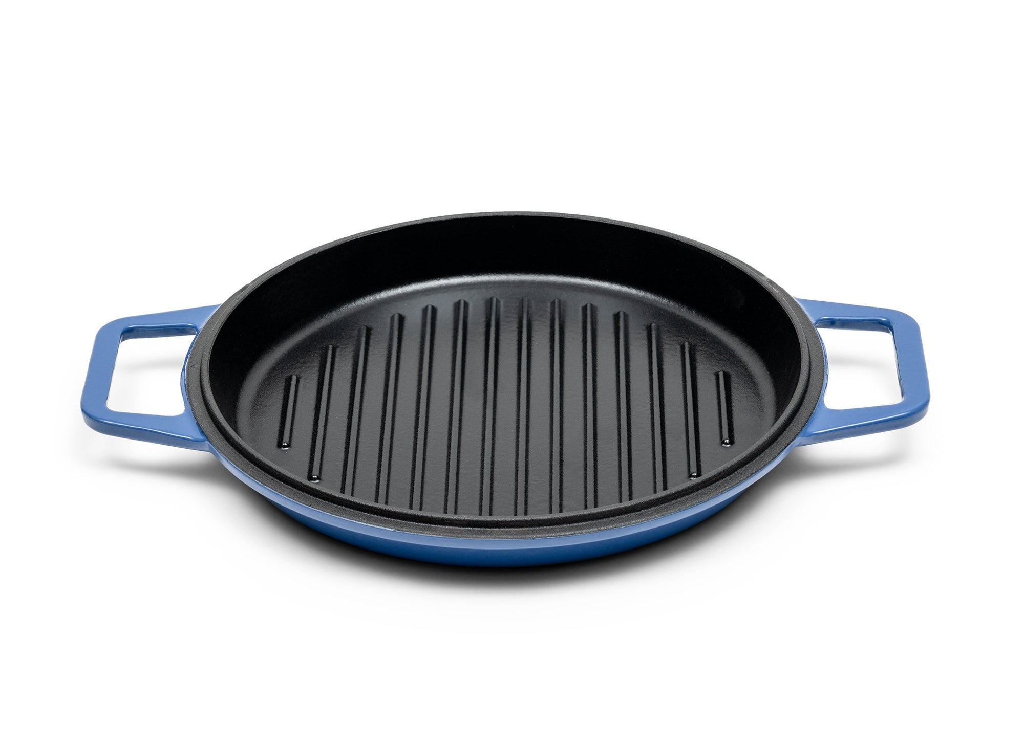 {{7-qt-grill-blue}} Blue Grill Lid for 7-quart Dutch oven face up on white background, showing black enamel interior with raised grill lines.