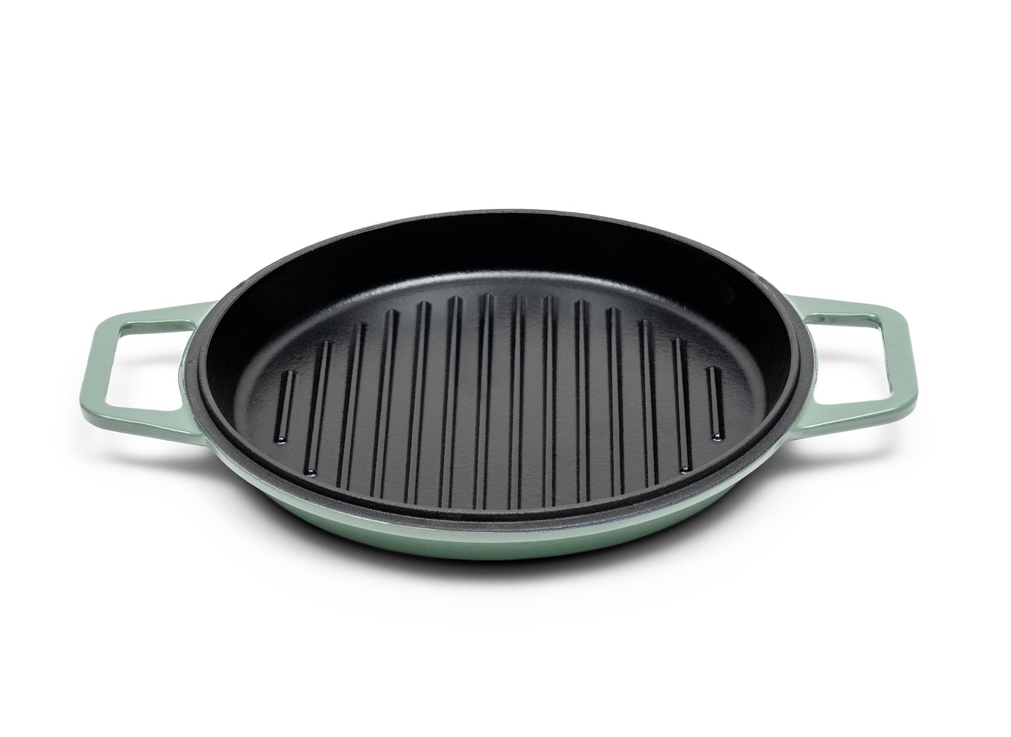 {{7-qt-grill-green}} Green Grill Lid for 7-quart Dutch oven face up on white background, showing black enamel interior with raised grill lines.