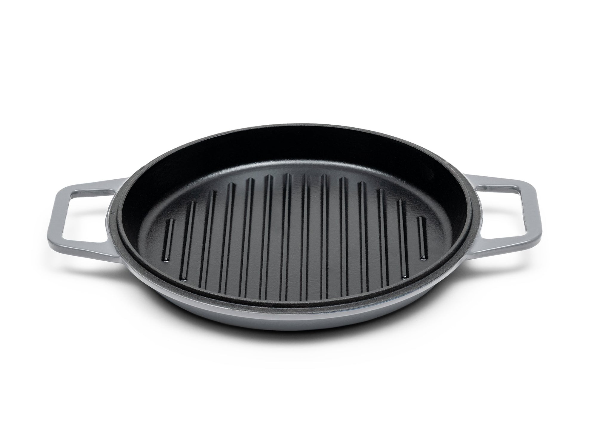 {{7-qt-grill-gray}} Gray Grill Lid for 7-quart Dutch oven face up on white background, showing black enamel interior with raised grill lines.
