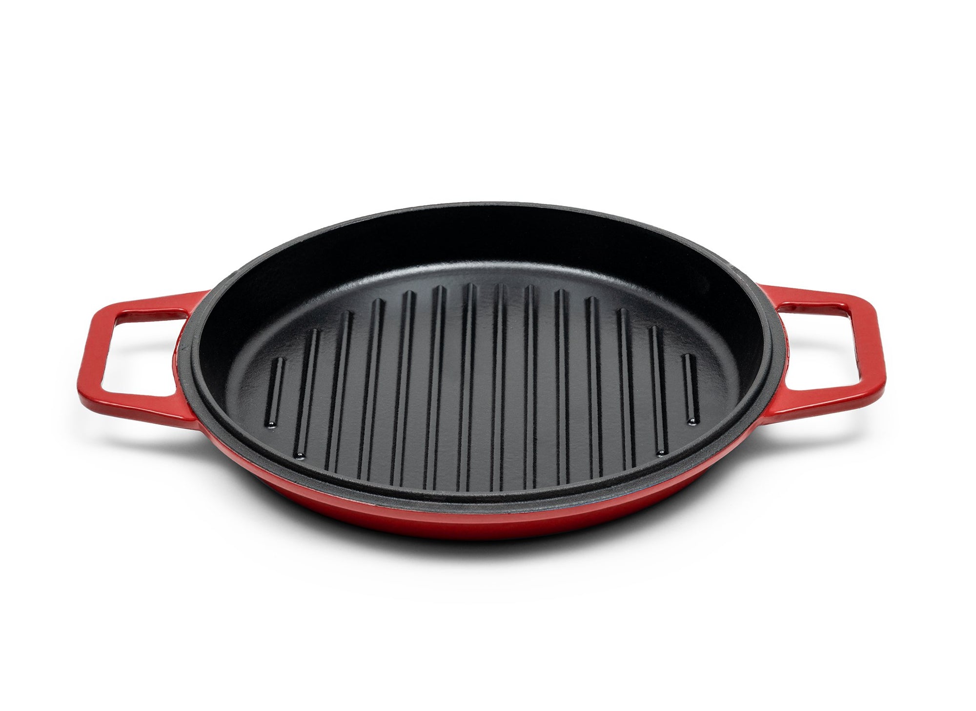 {{7-qt-grill-red}} Red Grill Lid for 7-quart Dutch oven face up on white background, showing black enamel interior with raised grill lines.