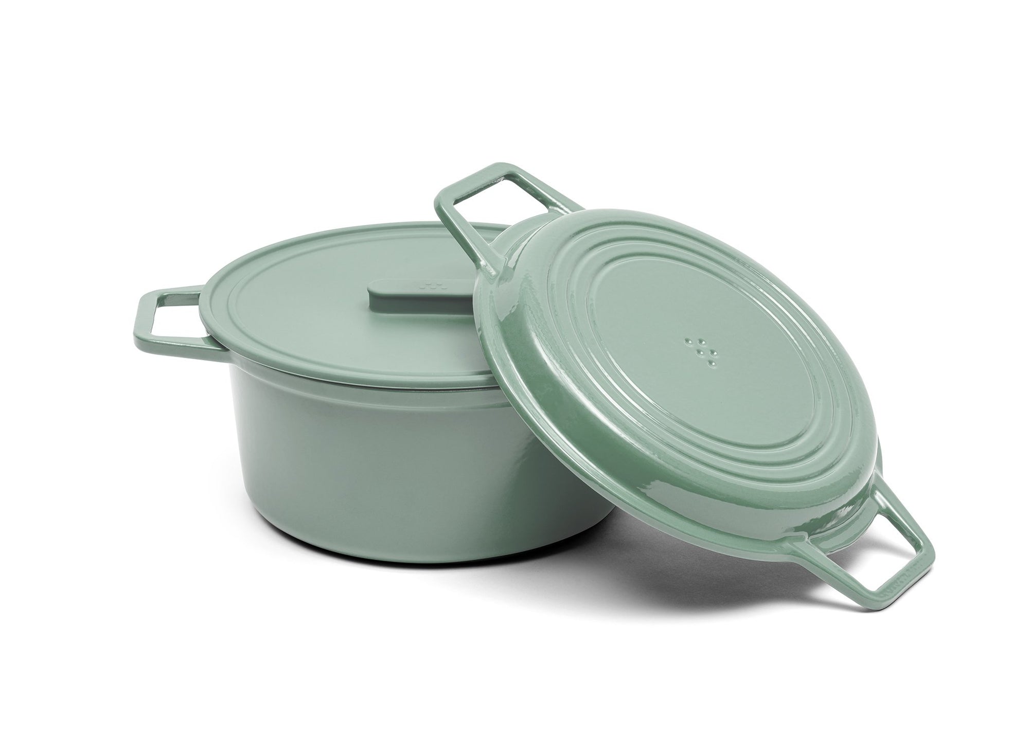 {{7-qt-grill-green}} A green 7-quart Misen Dutch Oven with matching Grill Lid and silicone Universal Lid.