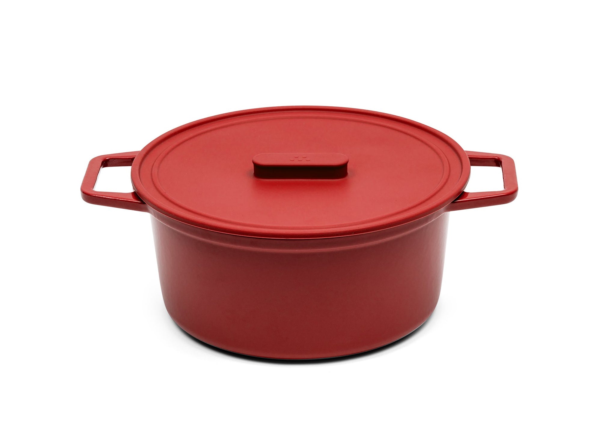 {{7-qt-grill-red}} A red 7-quart Misen Dutch Oven with matching silicone Universal Lid.
