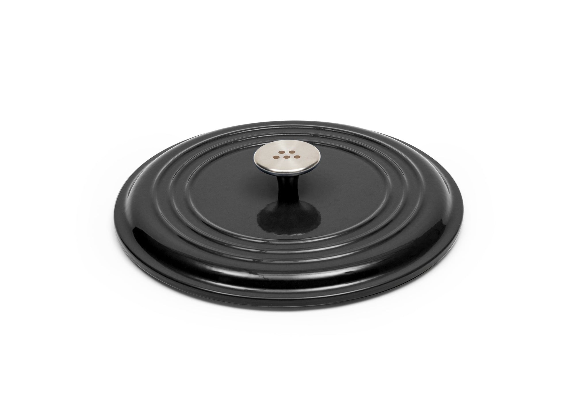{{7-qt-traditional-black}} Black Traditional Lid for 7-quart Dutch oven face down on white background, showing steel knob handle.