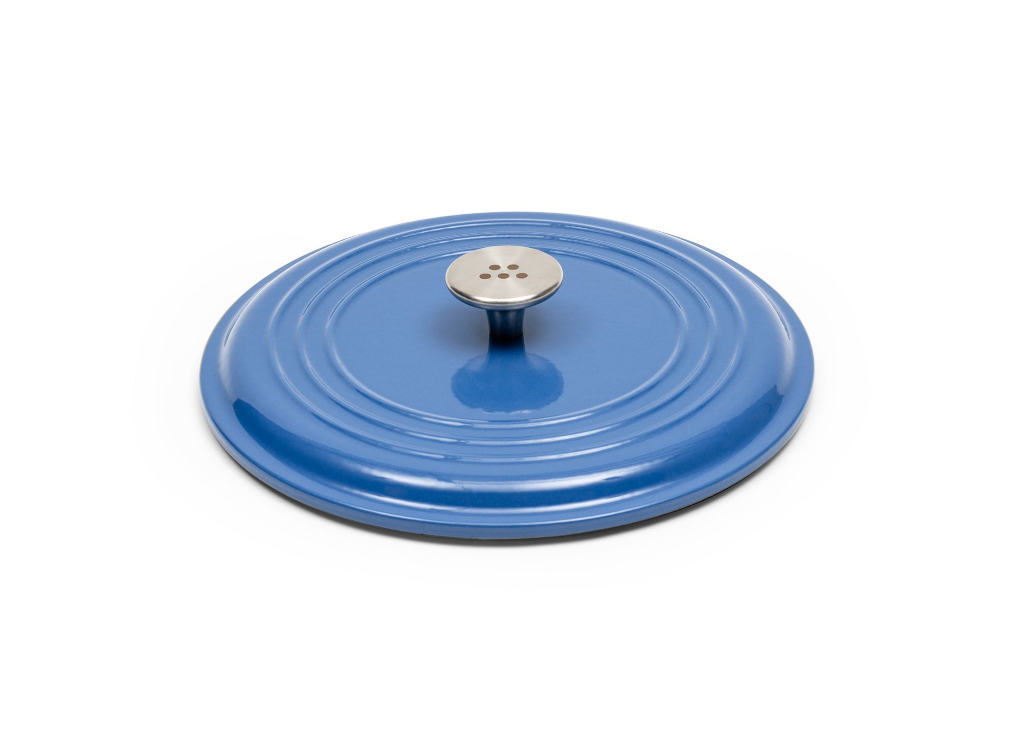 {{7-qt-traditional-blue}} Blue Traditional Lid for 7-quart Dutch oven face down on white background, showing steel knob handle.