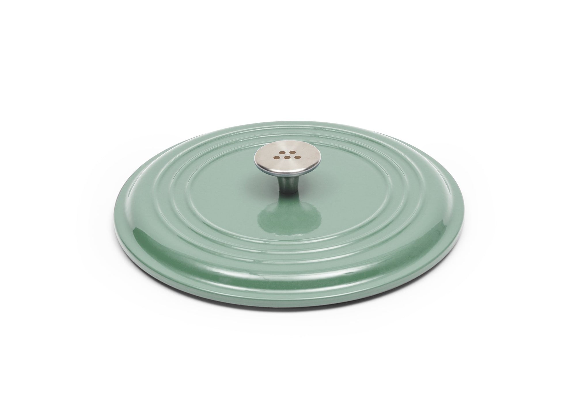 {{7-qt-traditional-green}} Green Traditional Lid for 7-quart Dutch oven face down on white background, showing steel knob handle.