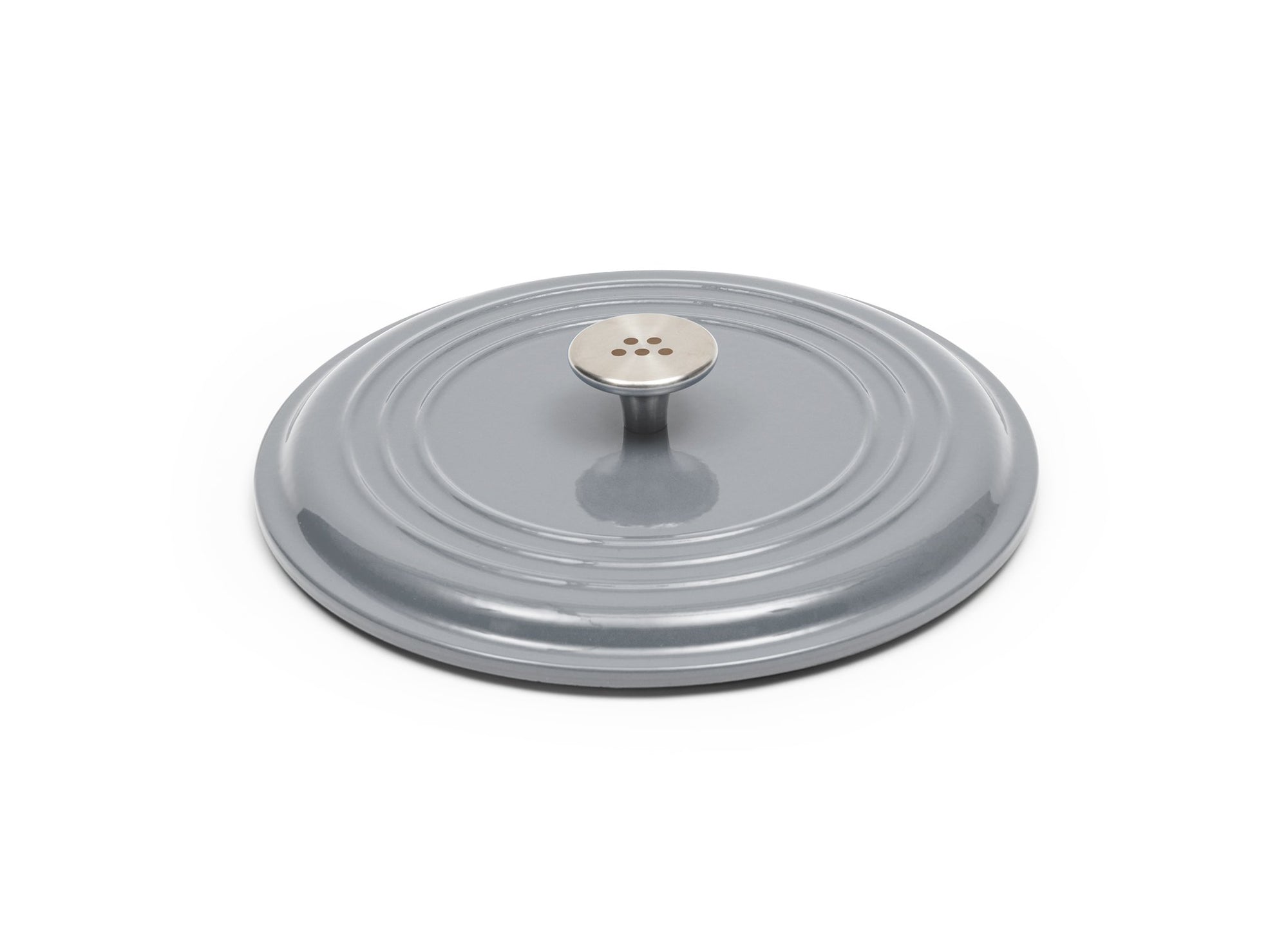 {{7-qt-traditional-gray}} Gray Traditional Lid for 7-quart Dutch oven face down on white background, showing steel knob handle.