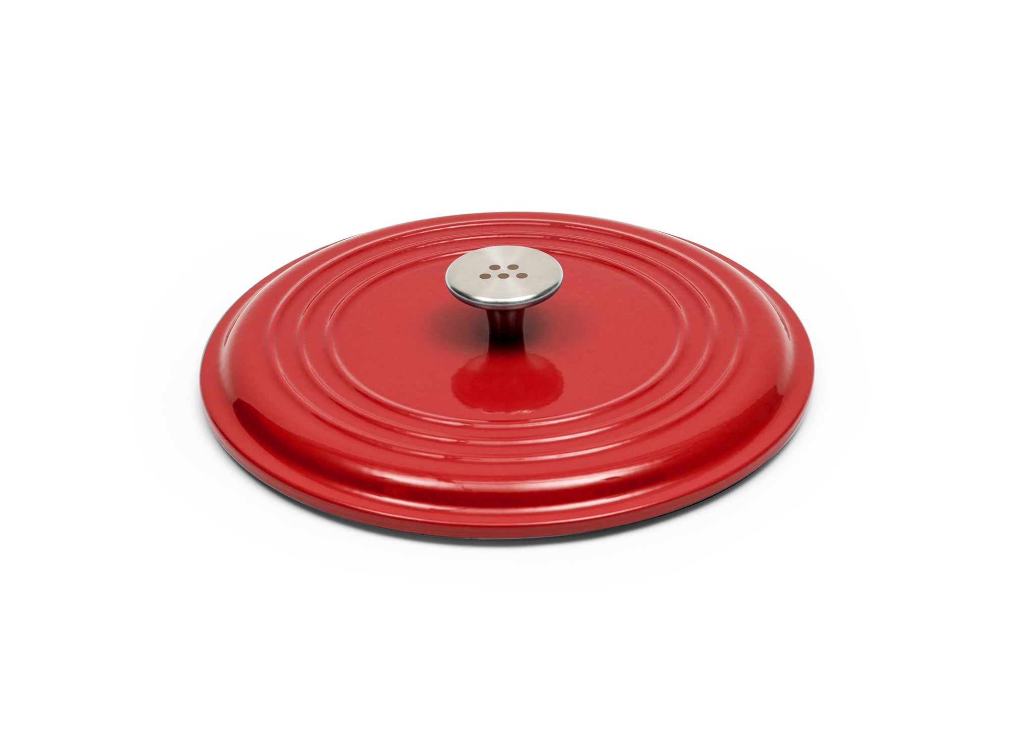{{7-qt-traditional-red}} Red Traditional Lid for 7-quart Dutch oven face down on white background, showing steel knob handle.