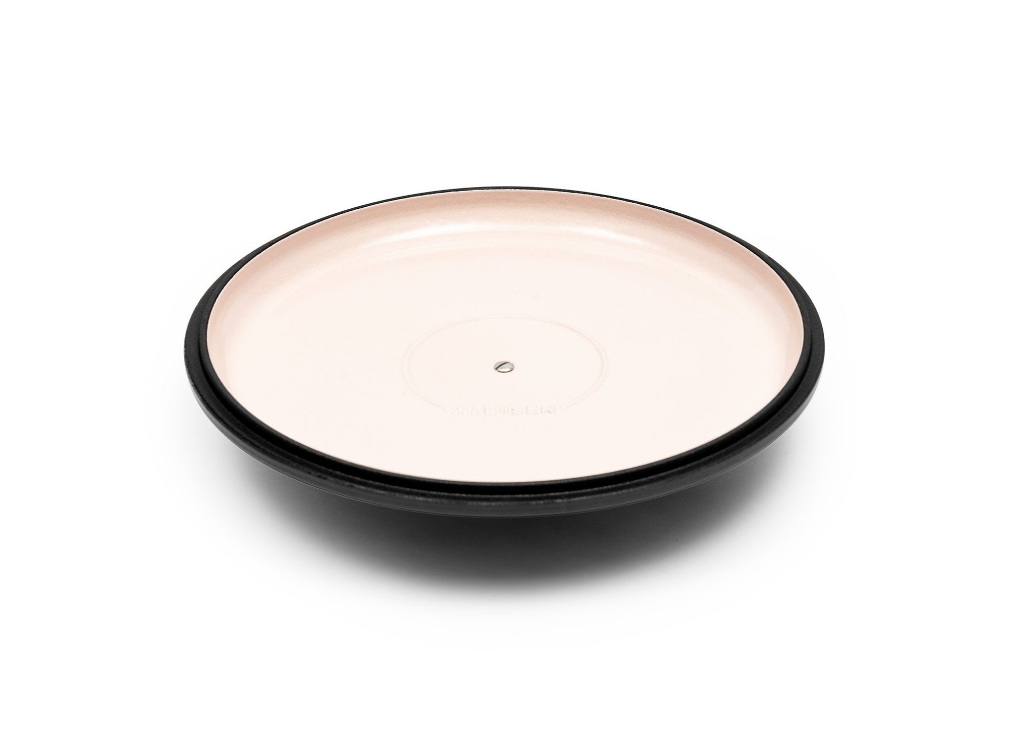 {{7-qt-traditional-black}} Black Traditional Lid for 7-quart Dutch oven face up on white background, showing light enamel interior.