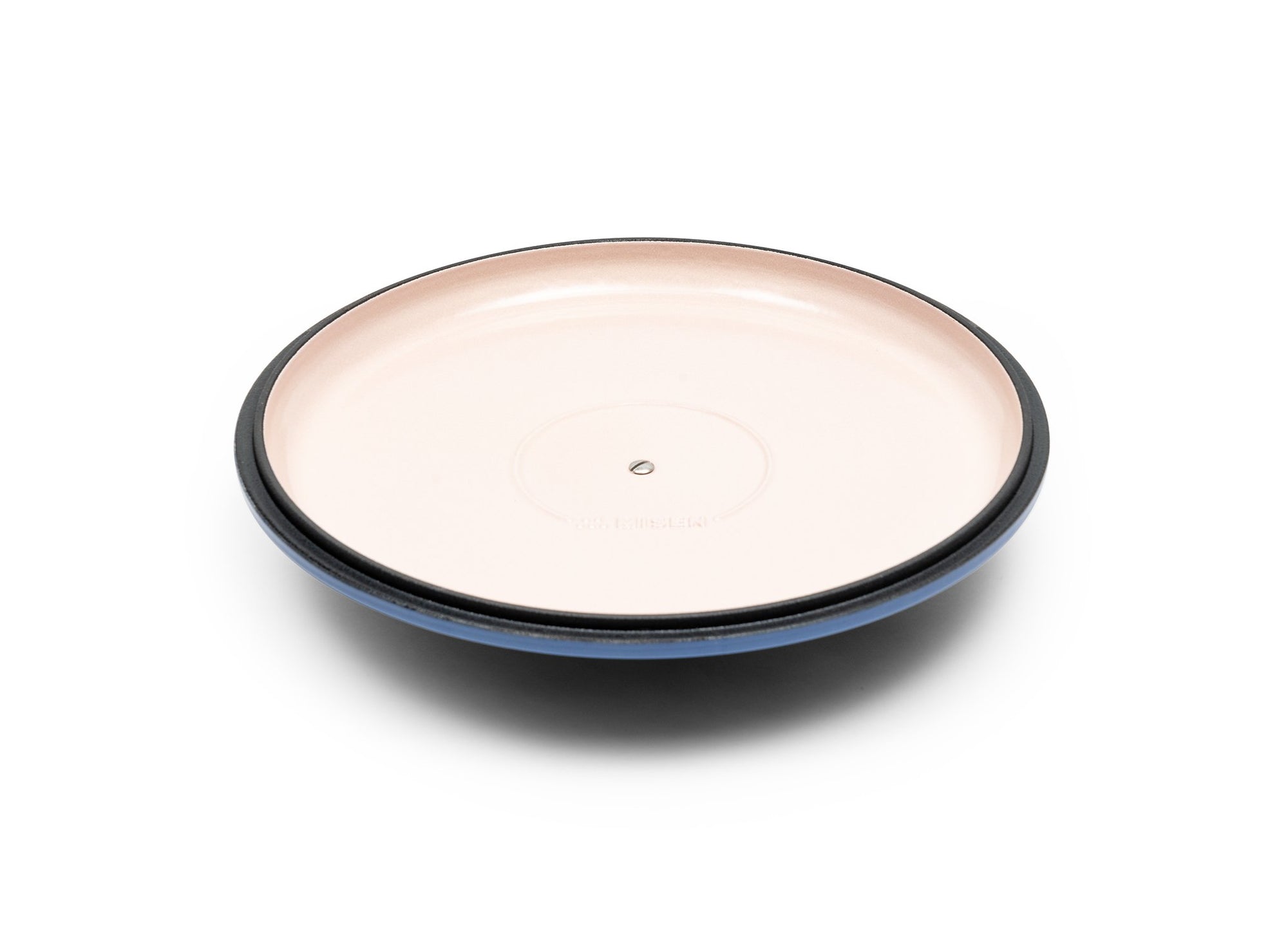 {{7-qt-traditional-blue}} Blue Traditional Lid for 7-quart Dutch oven face up on white background, showing light enamel interior.