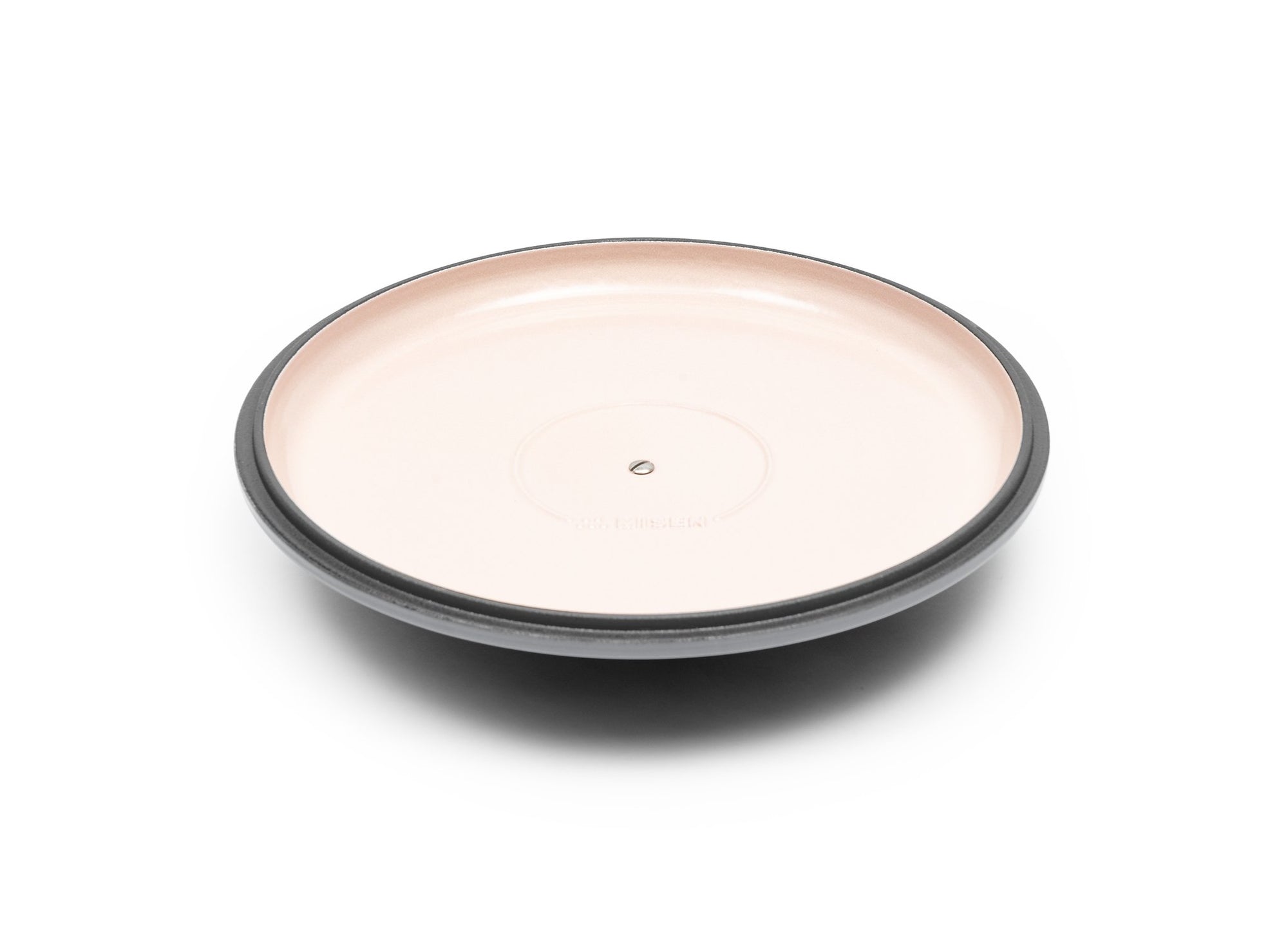 {{7-qt-traditional-gray}} Gray Traditional Lid for 7-quart Dutch oven face up on white background, showing light enamel interior.