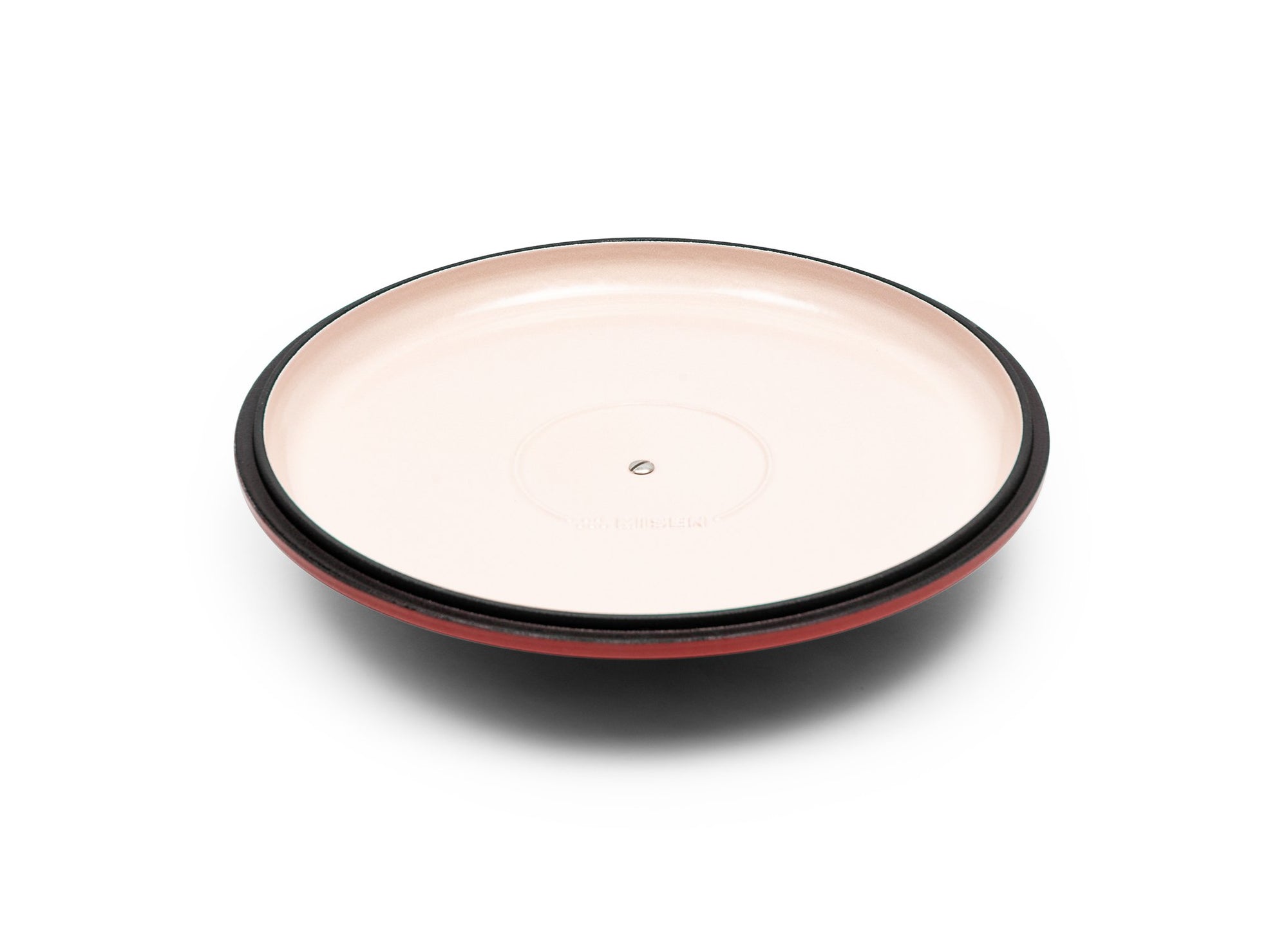 {{7-qt-traditional-red}} Red Traditional Lid for 7-quart Dutch oven face up on white background, showing light enamel interior.