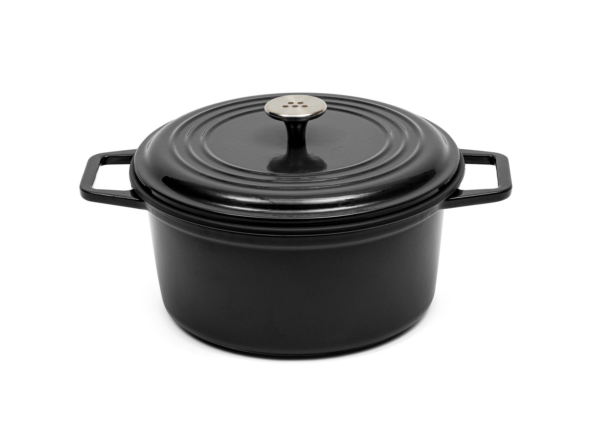 {{7-qt-traditional-black}} A black 7-quart Misen Dutch Oven covered by matching Traditional Lid with knob handle.