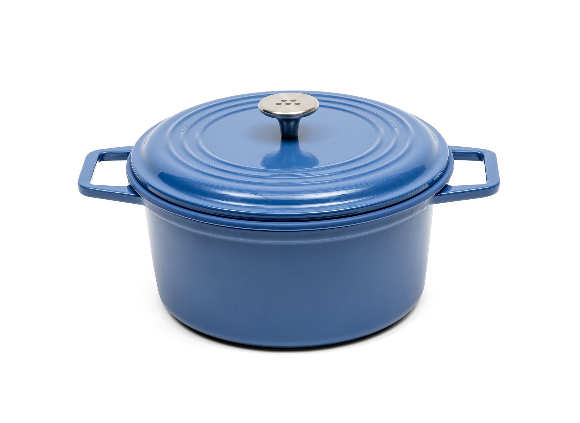 {{7-qt-traditional-blue}} A blue 7-quart Misen Dutch Oven covered by matching Traditional Lid with knob handle.