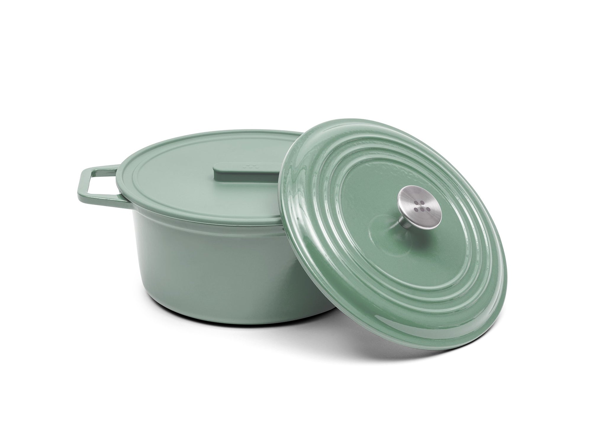 {{}} A green 7-quart Misen Dutch Oven with matching Traditional knob-style lid and silicone Universal Lid.