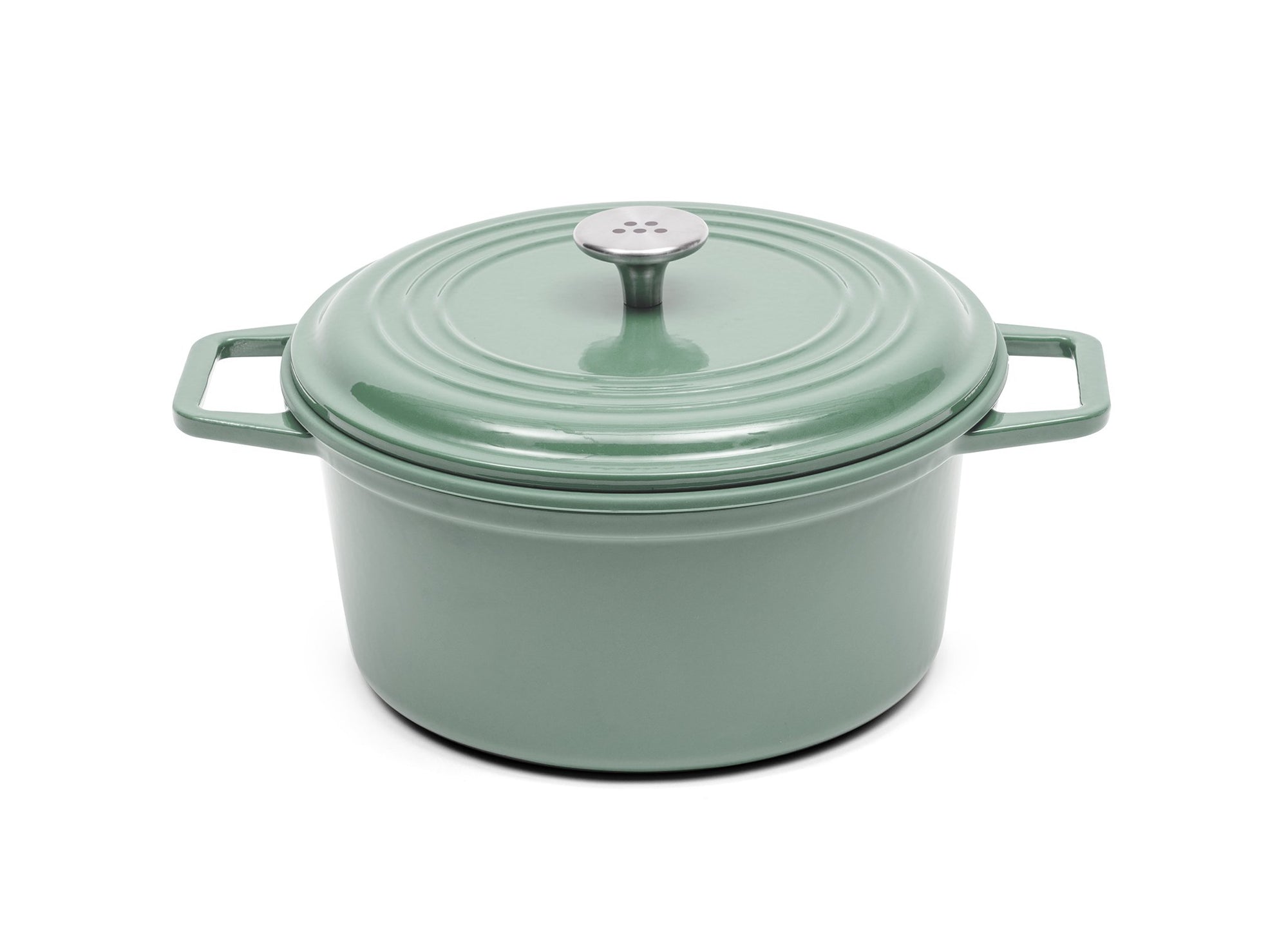 {{7-qt-traditional-green}} A green 7-quart Misen Dutch Oven covered by matching Traditional Lid with knob handle.