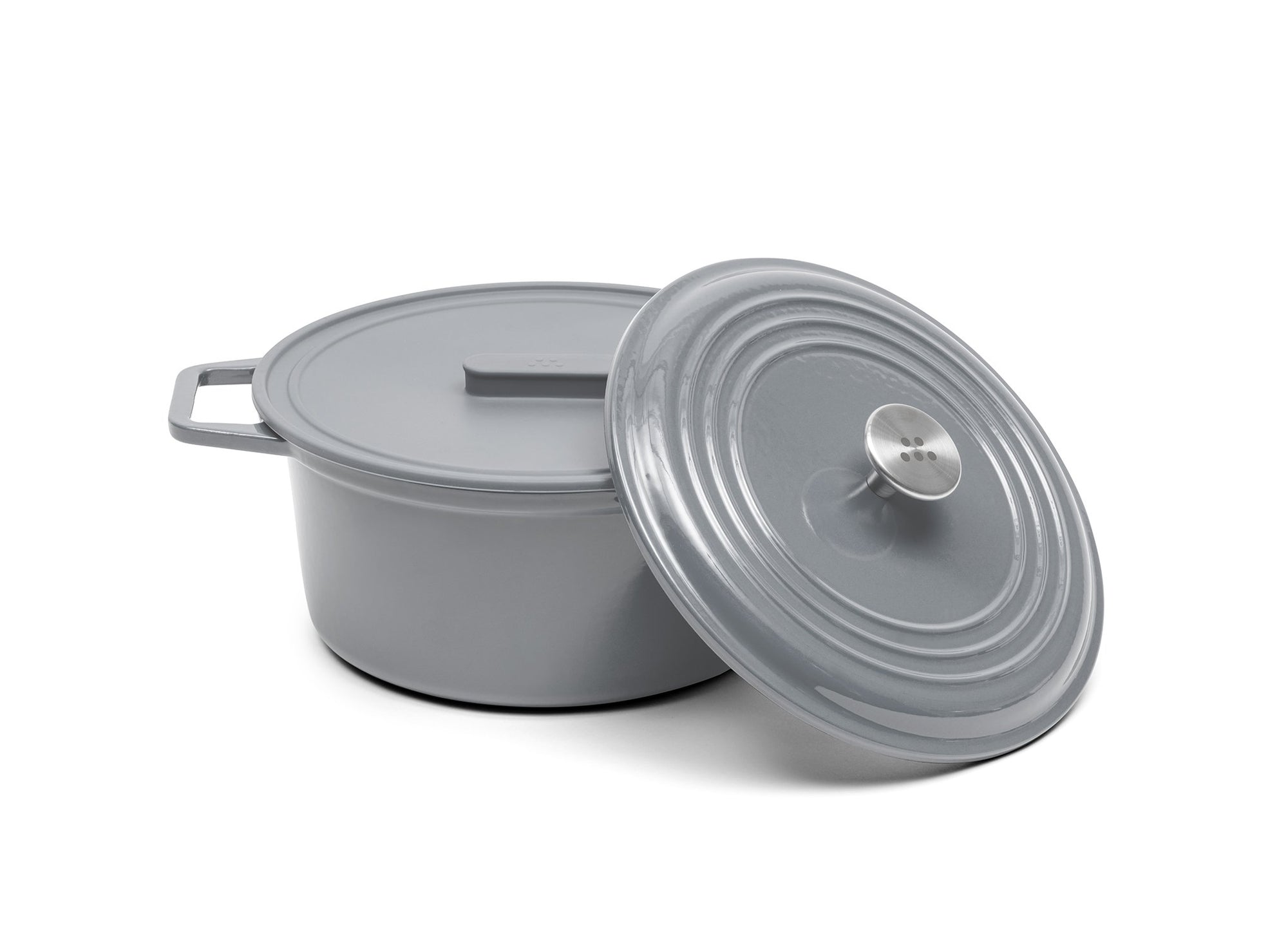 {{}} A gray 7-quart Misen Dutch Oven with matching Traditional knob-style lid and silicone Universal Lid.