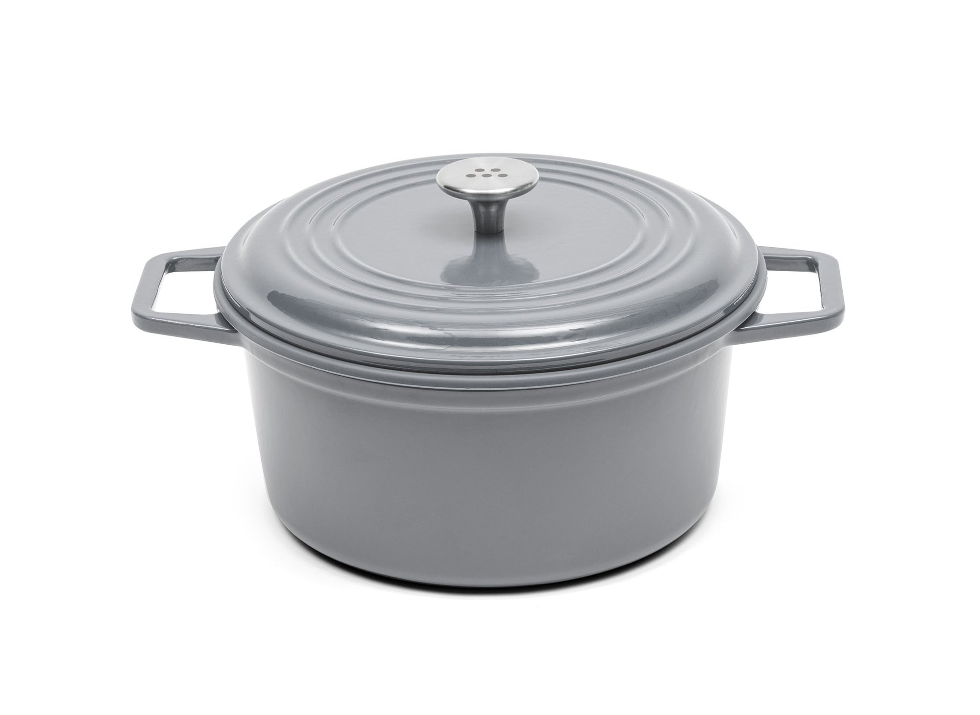 {{7-qt-traditional-gray}} A gray 7-quart Misen Dutch Oven covered by matching Traditional Lid with knob handle.