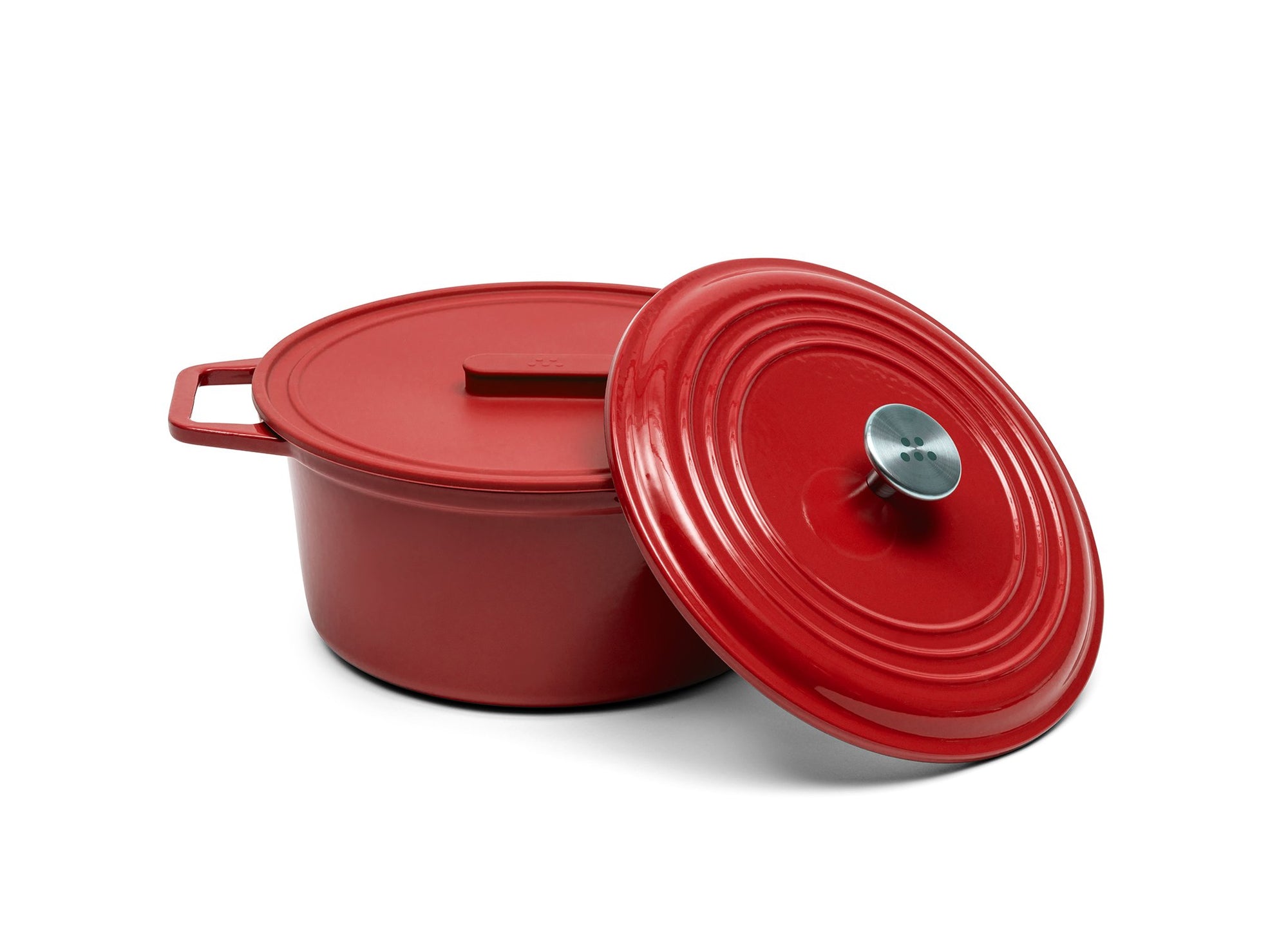 {{}} A red 7-quart Misen Dutch Oven with matching Traditional knob-style lid and silicone Universal Lid.