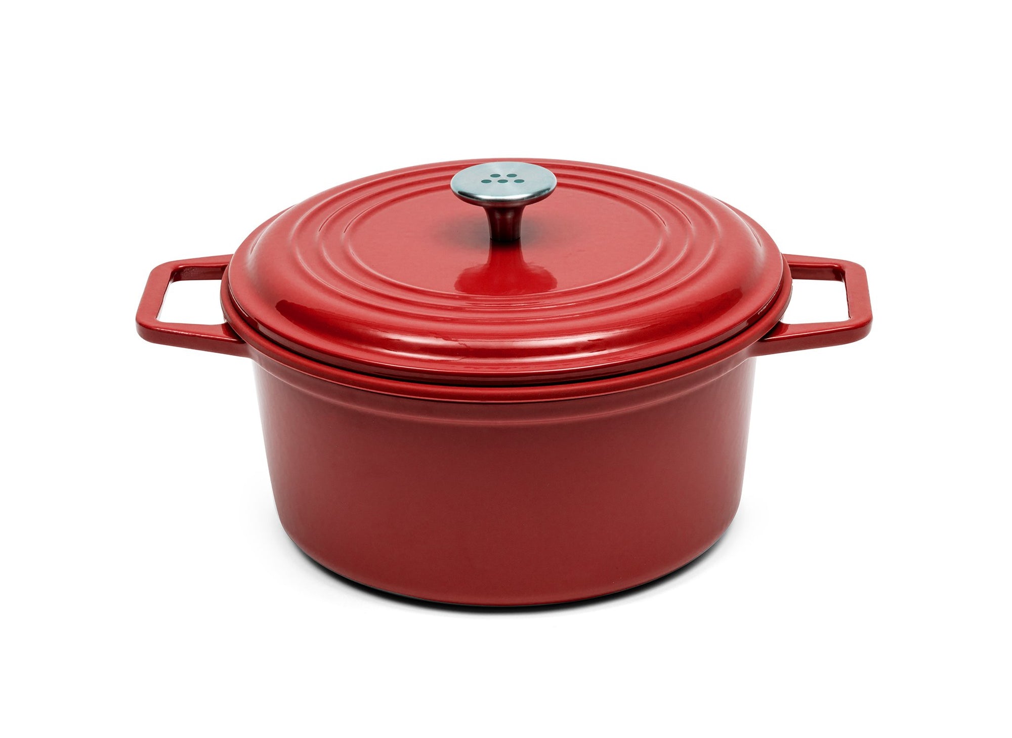 {{7-qt-traditional-red}} A red 7-quart Misen Dutch Oven covered by matching Traditional Lid with knob handle.
