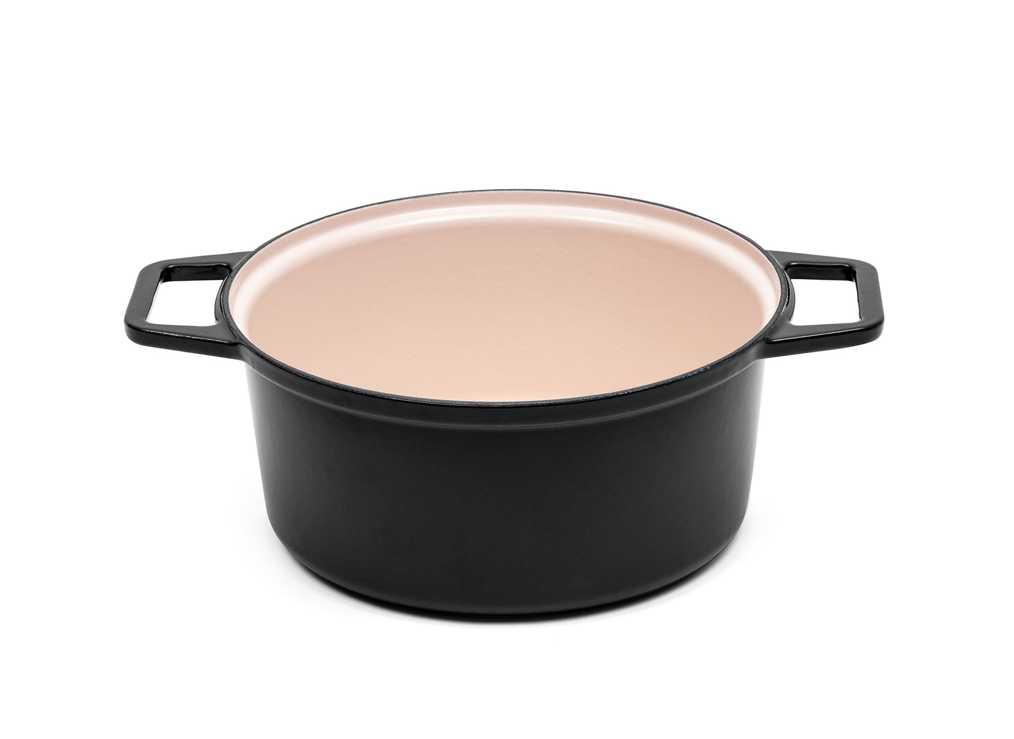 {{9-qt-traditional-black, 9-qt-grill-black}} A black 9-quart Misen Dutch Oven with no lid, showing a light enamel interior.