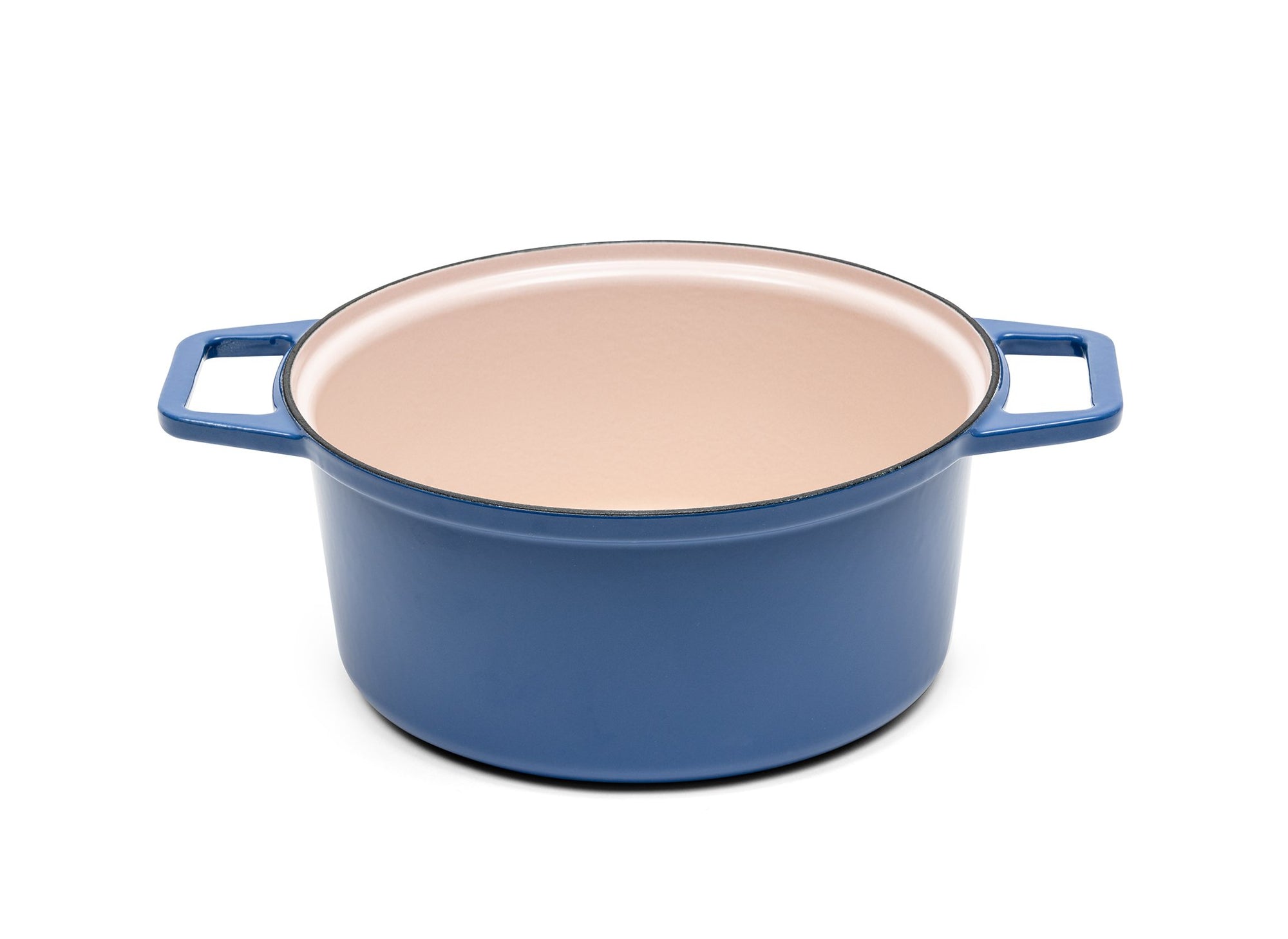 {{9-qt-traditional-blue, 9-qt-grill-blue}} A blue 9-quart Misen Dutch Oven with no lid, showing a light enamel interior.