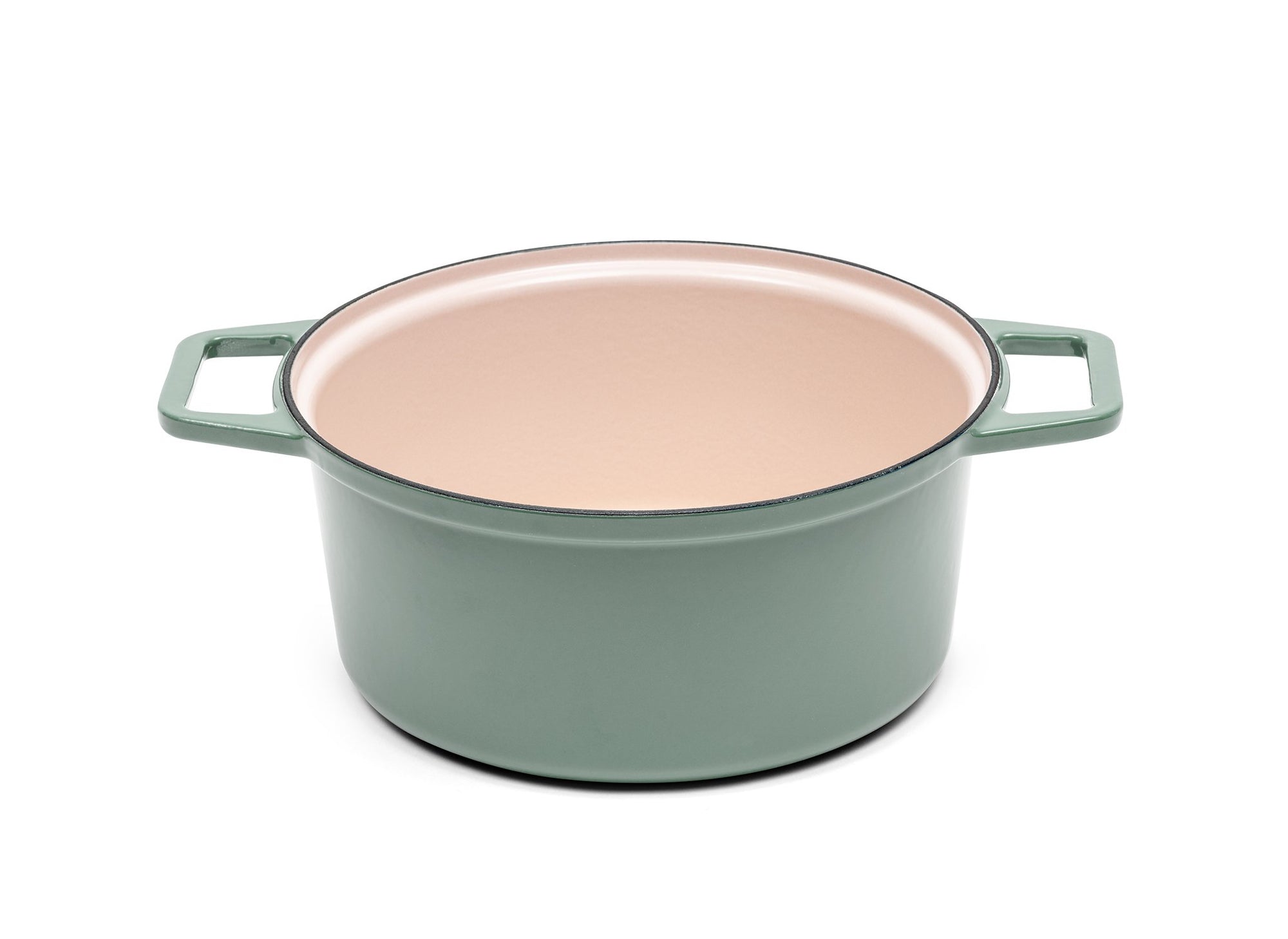 {{9-qt-traditional-green, 9-qt-grill-green}} A green 9-quart Misen Dutch Oven with no lid, showing a light enamel interior.