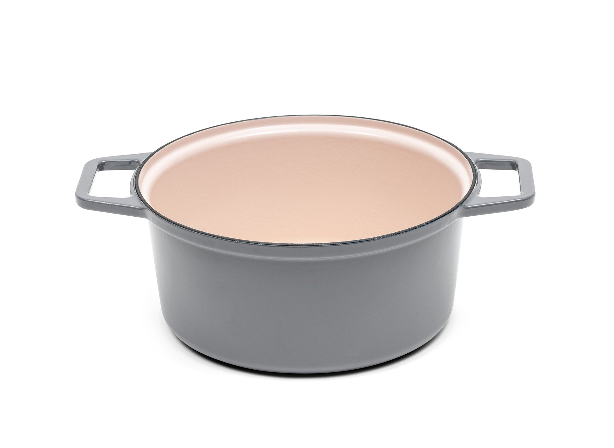 {{9-qt-traditional-gray, 9-qt-grill-gray}} A gray 9-quart Misen Dutch Oven with no lid, showing a light enamel interior.