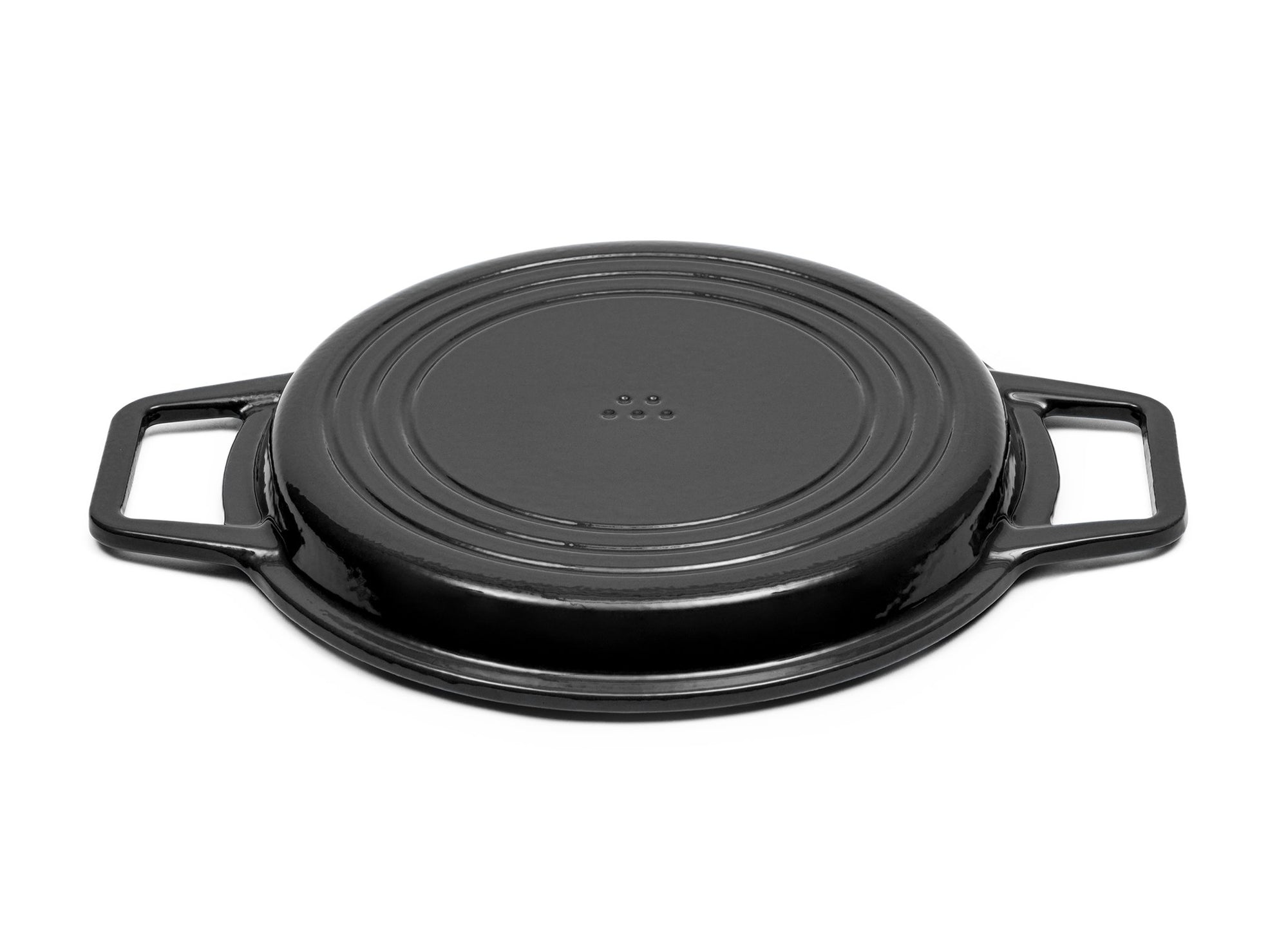 {{9-qt-grill-black}} Black Grill Lid for 9-quart Dutch oven face down on white background.