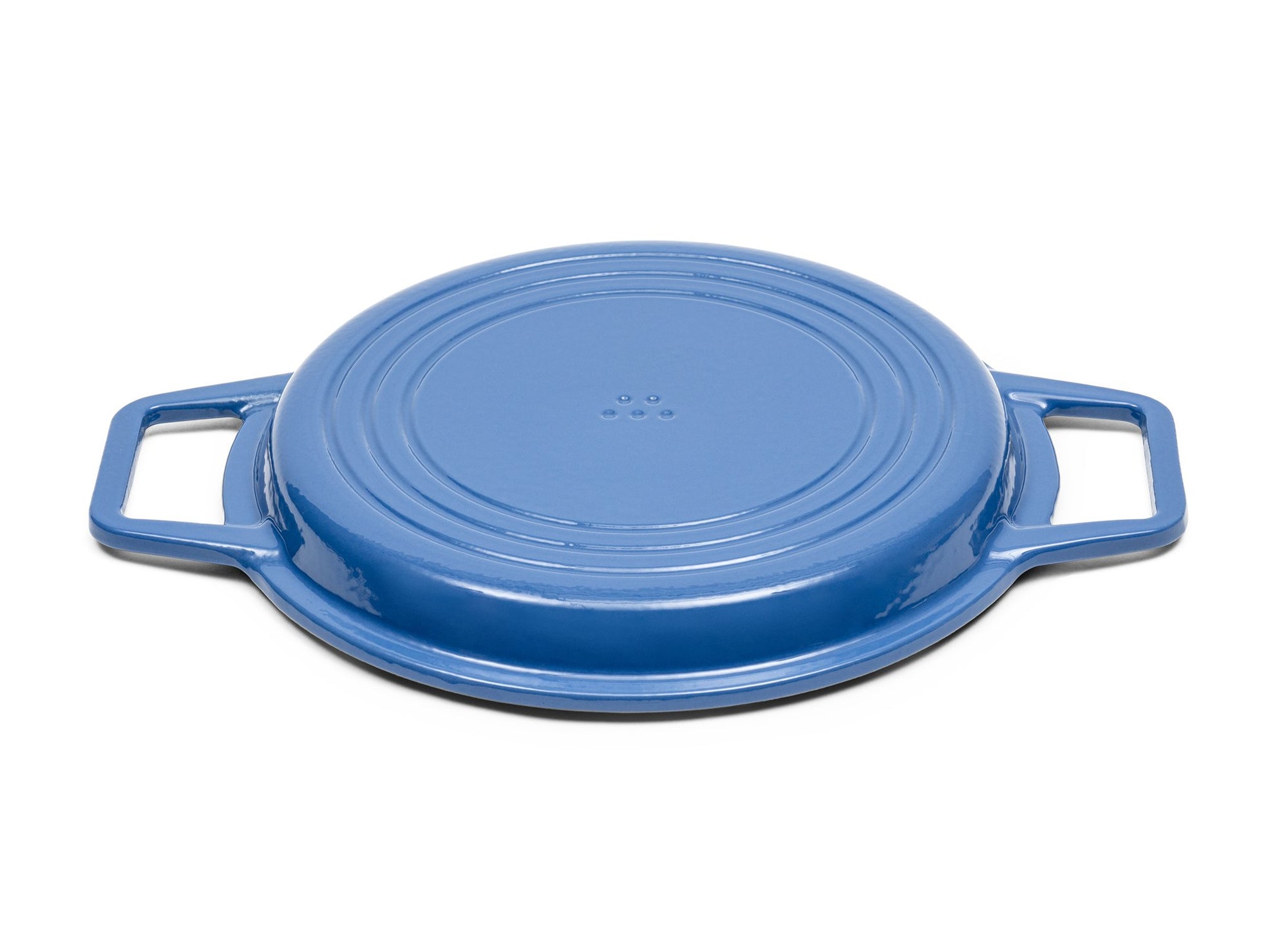 {{9-qt-grill-blue}} Blue Grill Lid for 9-quart Dutch oven face down on white background.