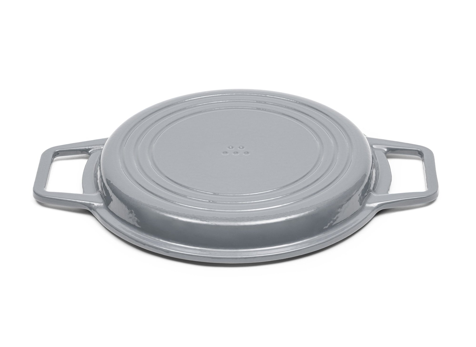 {{9-qt-grill-gray}} Gray Grill Lid for 9-quart Dutch oven face down on white background.