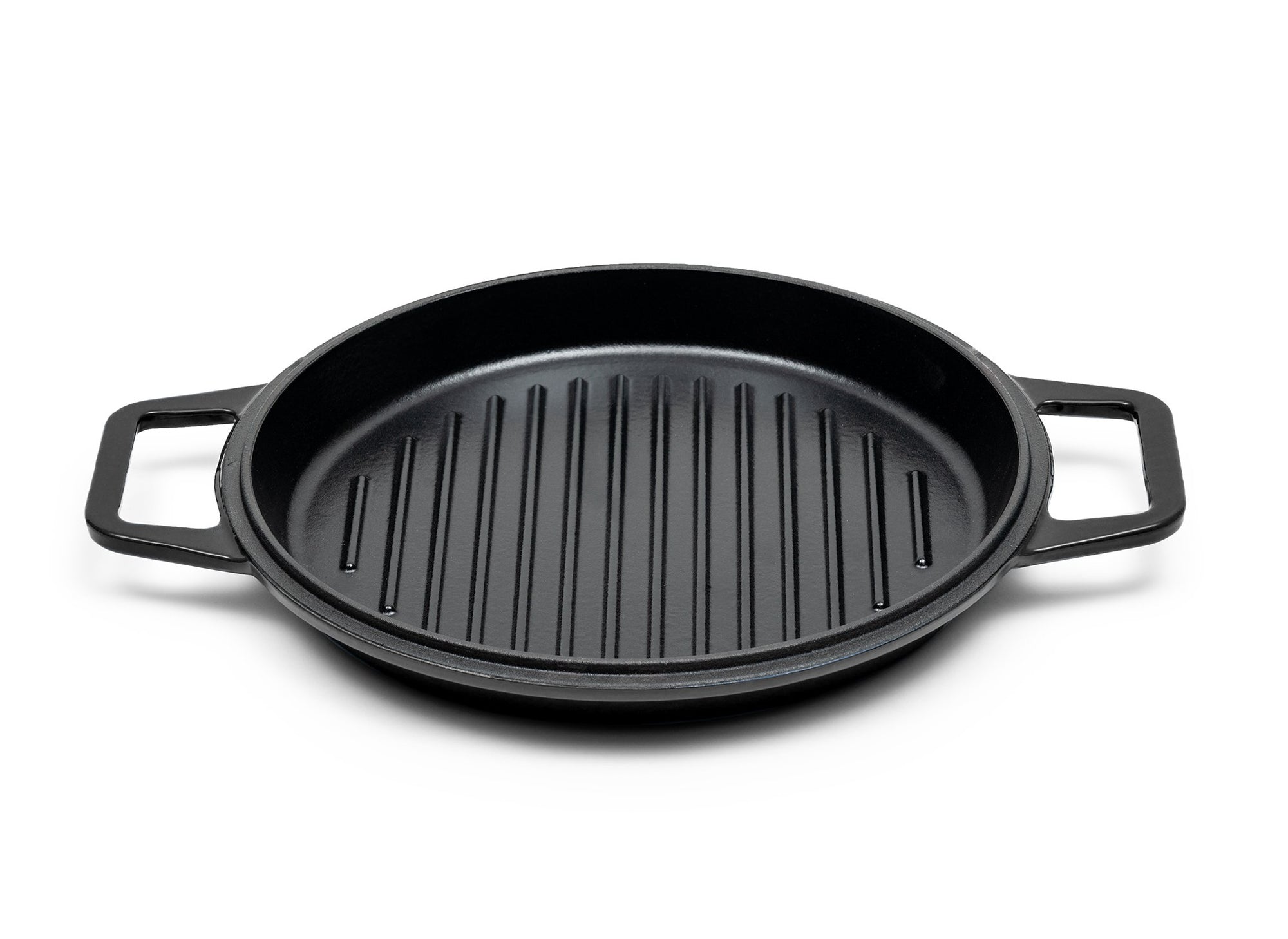 {{9-qt-grill-black}} Black Grill Lid for 9-quart Dutch oven face up on white background, showing black enamel interior with raised grill lines.