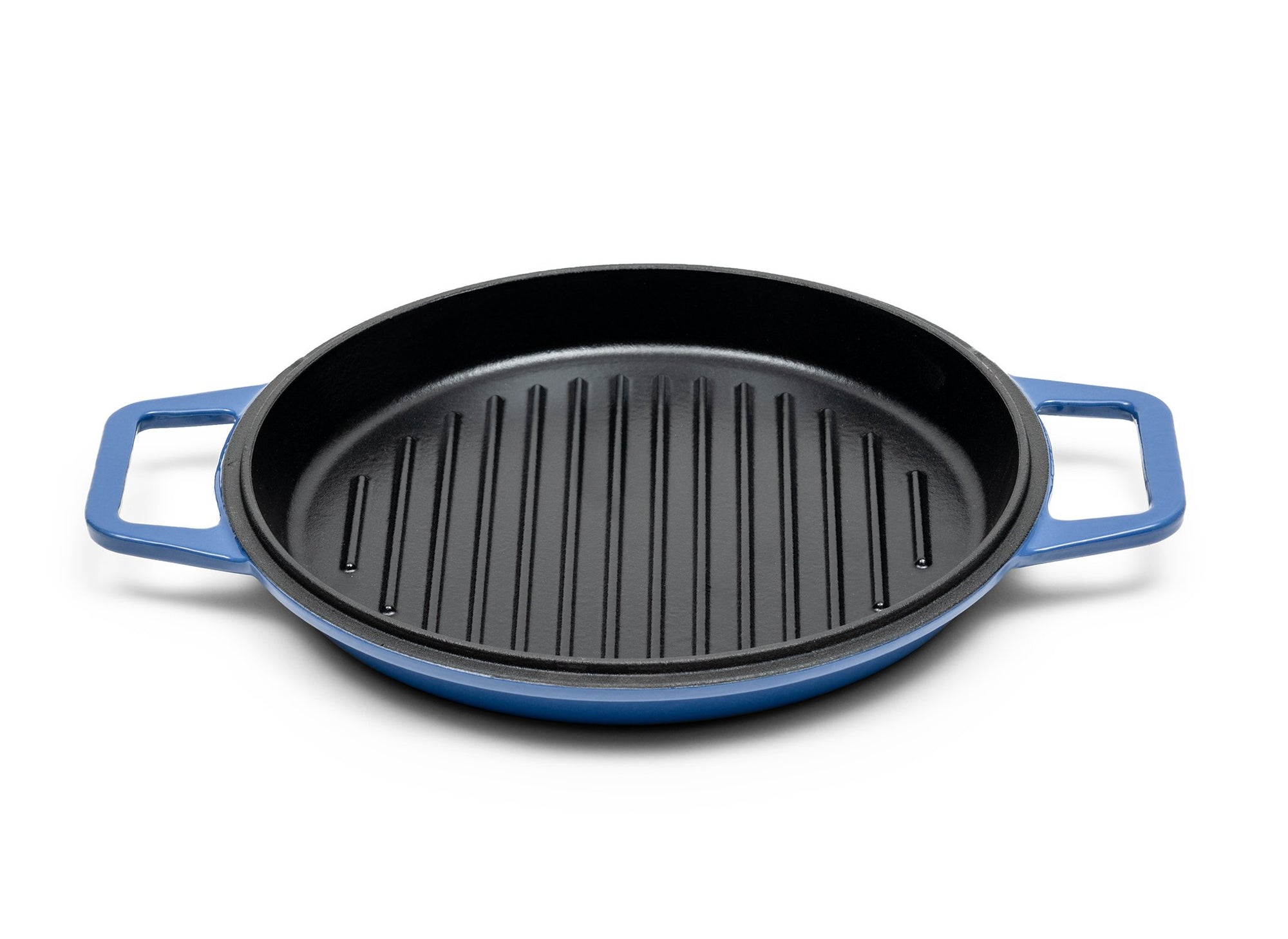 {{9-qt-grill-blue}} Blue Grill Lid for 9-quart Dutch oven face up on white background, showing black enamel interior with raised grill lines.