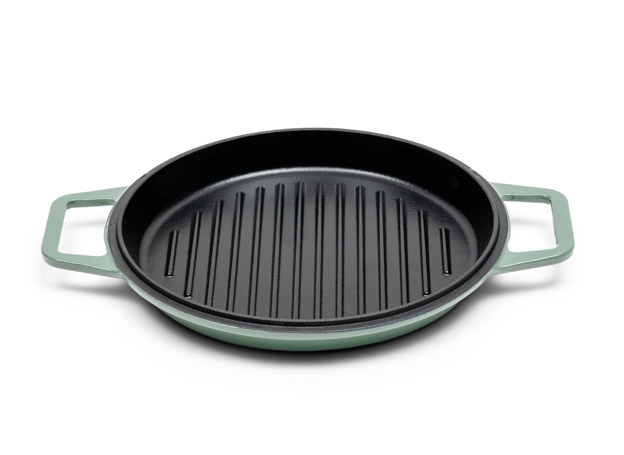 {{9-qt-grill-green}} Green Grill Lid for 9-quart Dutch oven face up on white background, showing black enamel interior with raised grill lines.
