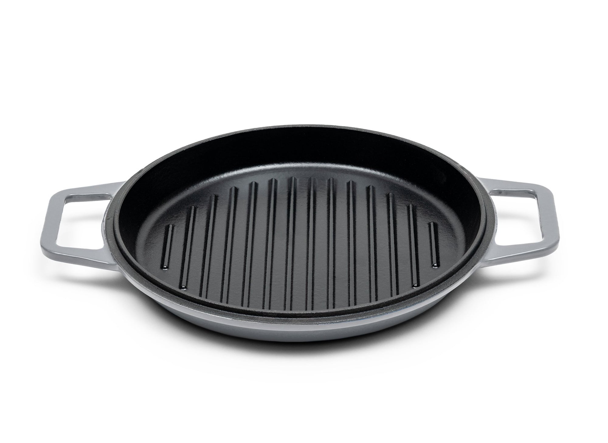 {{9-qt-grill-gray}} Gray Grill Lid for 9-quart Dutch oven face up on white background, showing black enamel interior with raised grill lines.