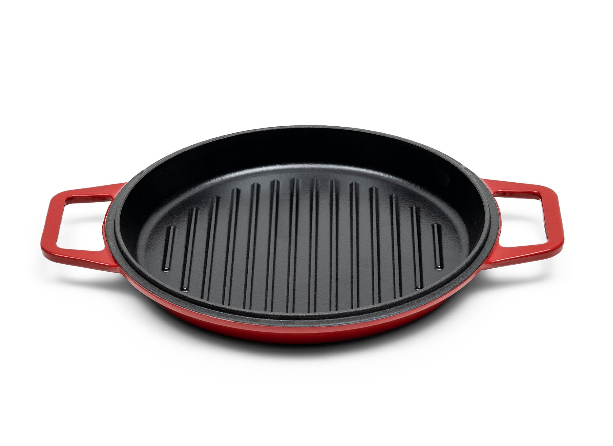 {{9-qt-grill-red}} Red Grill Lid for 9-quart Dutch oven face up on white background, showing black enamel interior with raised grill lines.