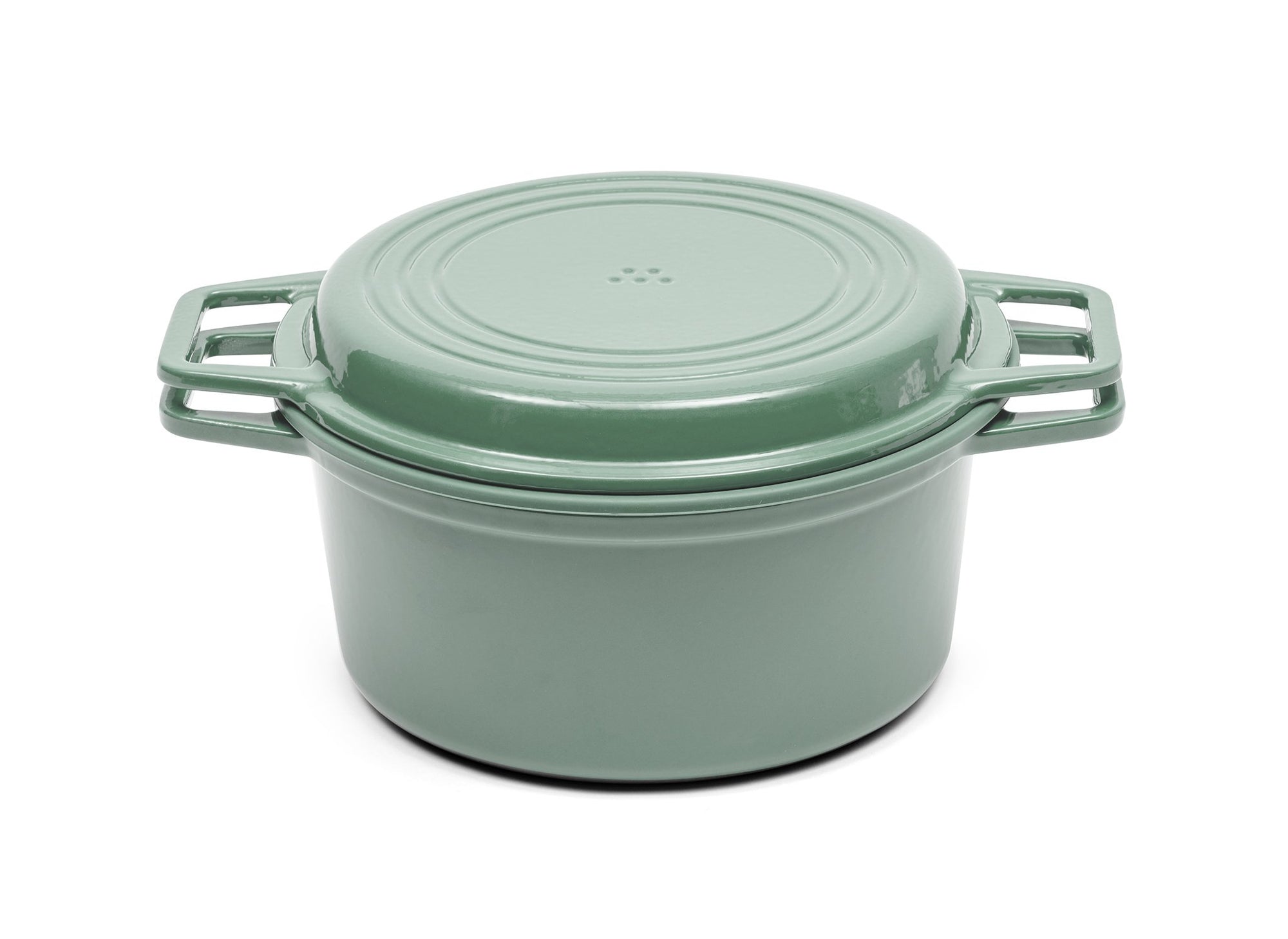 {{9-qt-grill-green}} A green 9-quart Misen Dutch Oven covered by matching Grill Lid.