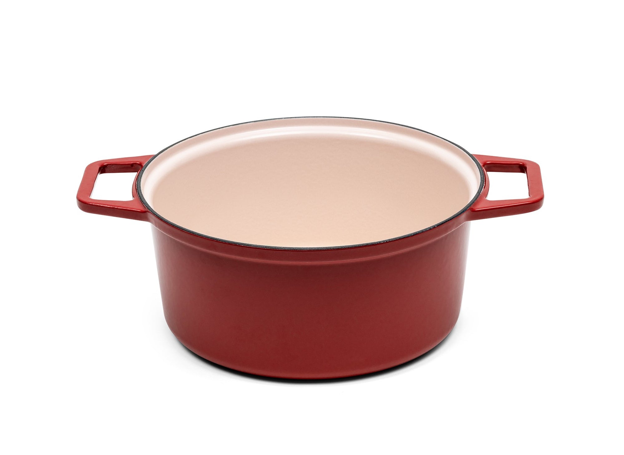 {{9-qt-traditional-red, 9-qt-grill-red}} A red 9-quart Misen Dutch Oven with no lid, showing a light enamel interior.